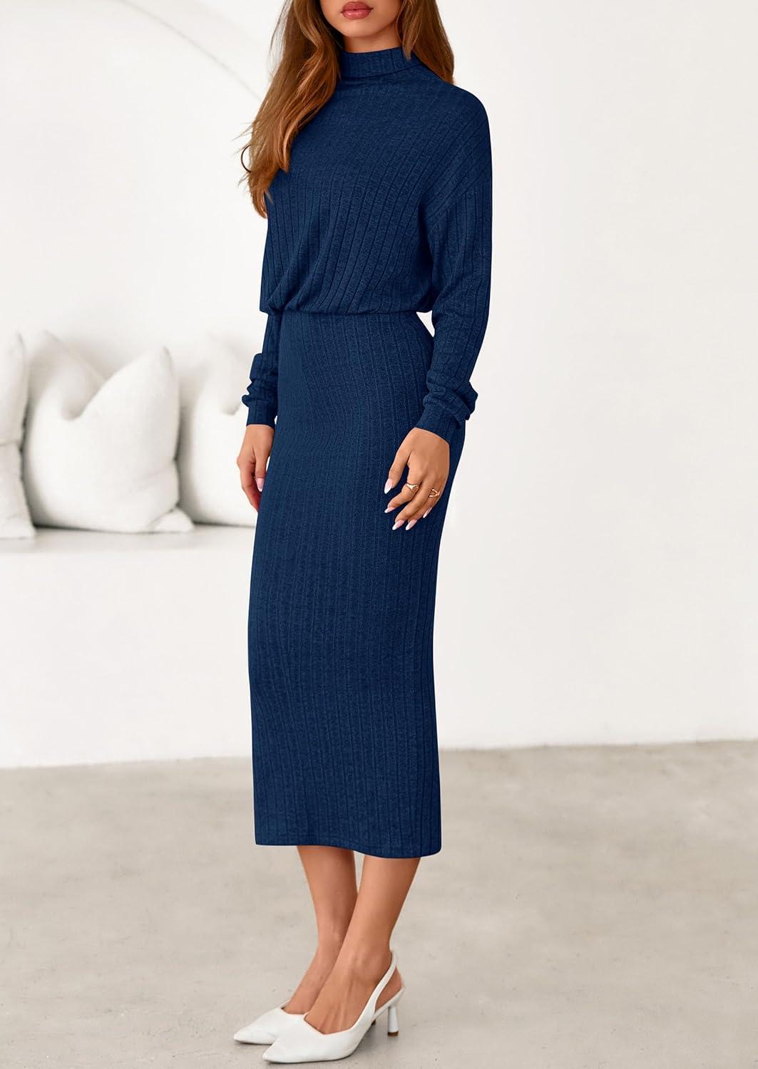 imagePRETTYGARDEN Turtle Neck Dresses for Women 2025 Fall Knit Outfits Slit Elastic Waist Long Sleeve Bodycon Midi Sweater DressNavy