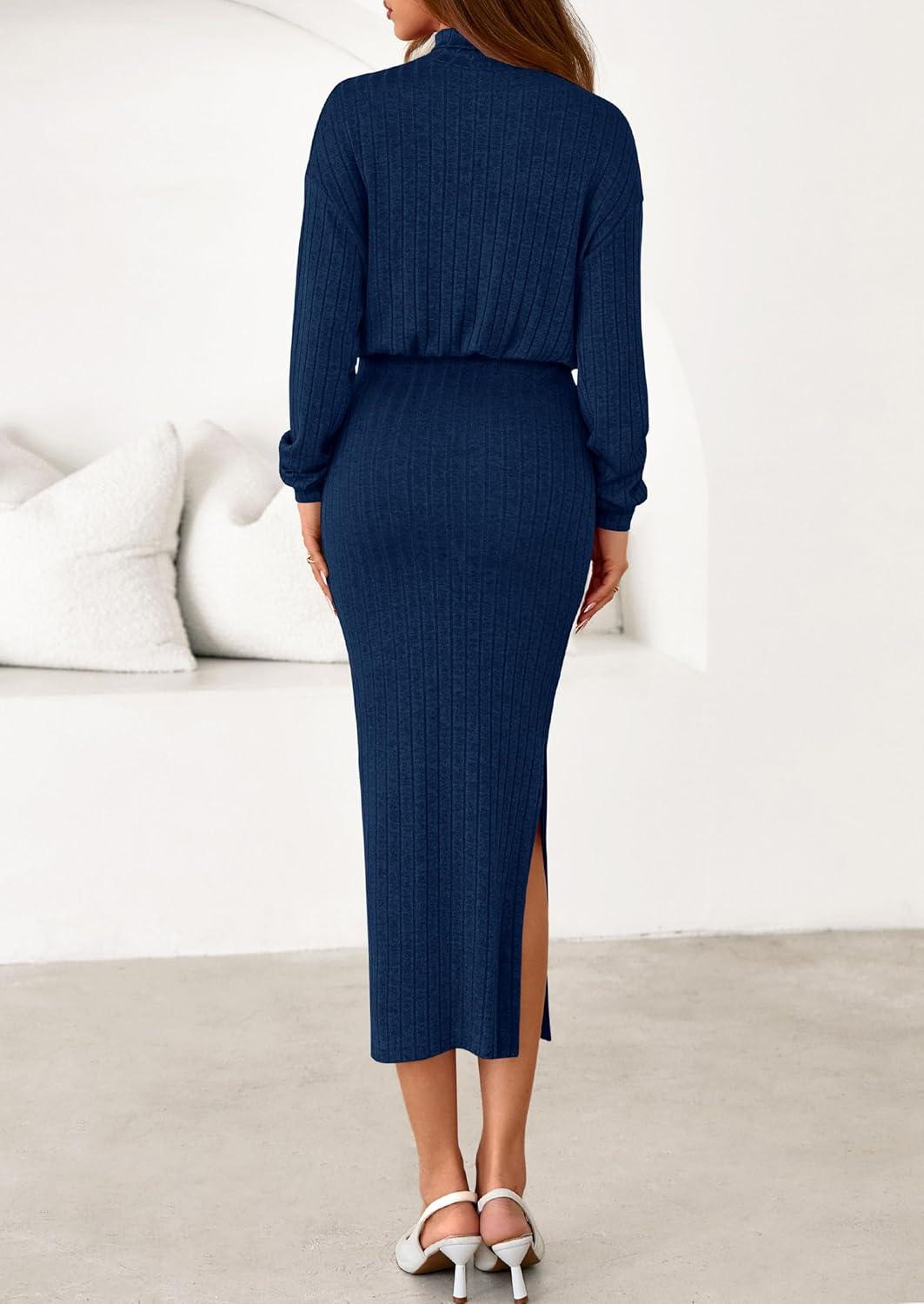 imagePRETTYGARDEN Turtle Neck Dresses for Women 2025 Fall Knit Outfits Slit Elastic Waist Long Sleeve Bodycon Midi Sweater DressNavy