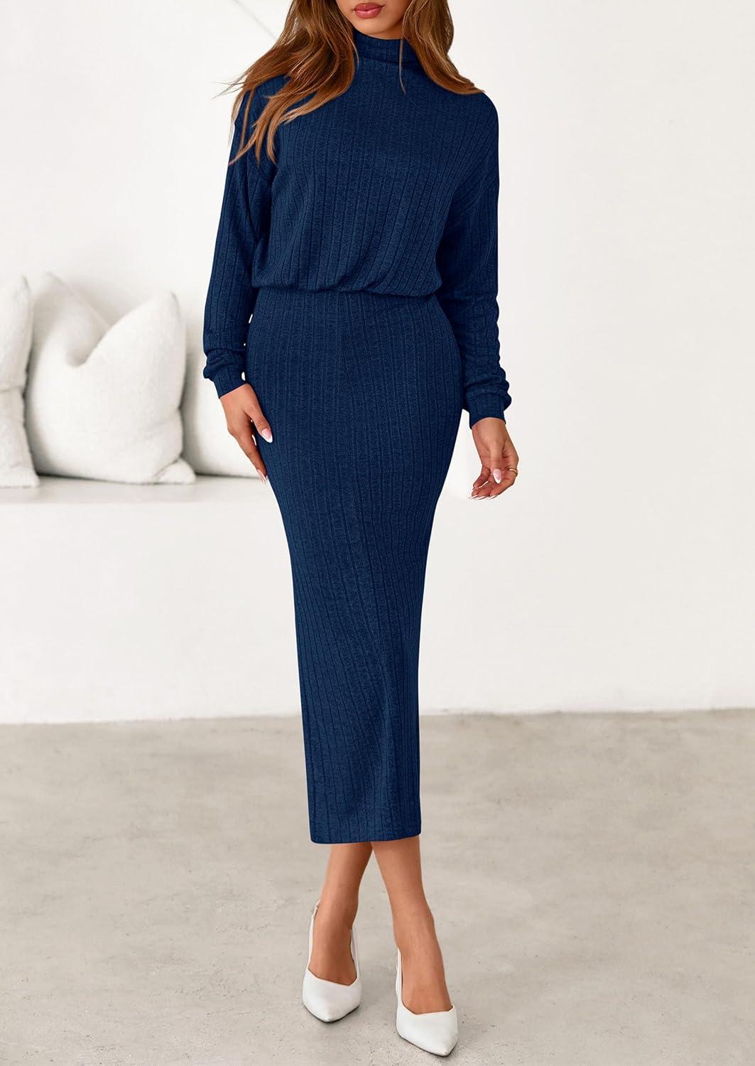imagePRETTYGARDEN Turtle Neck Dresses for Women 2025 Fall Knit Outfits Slit Elastic Waist Long Sleeve Bodycon Midi Sweater DressNavy