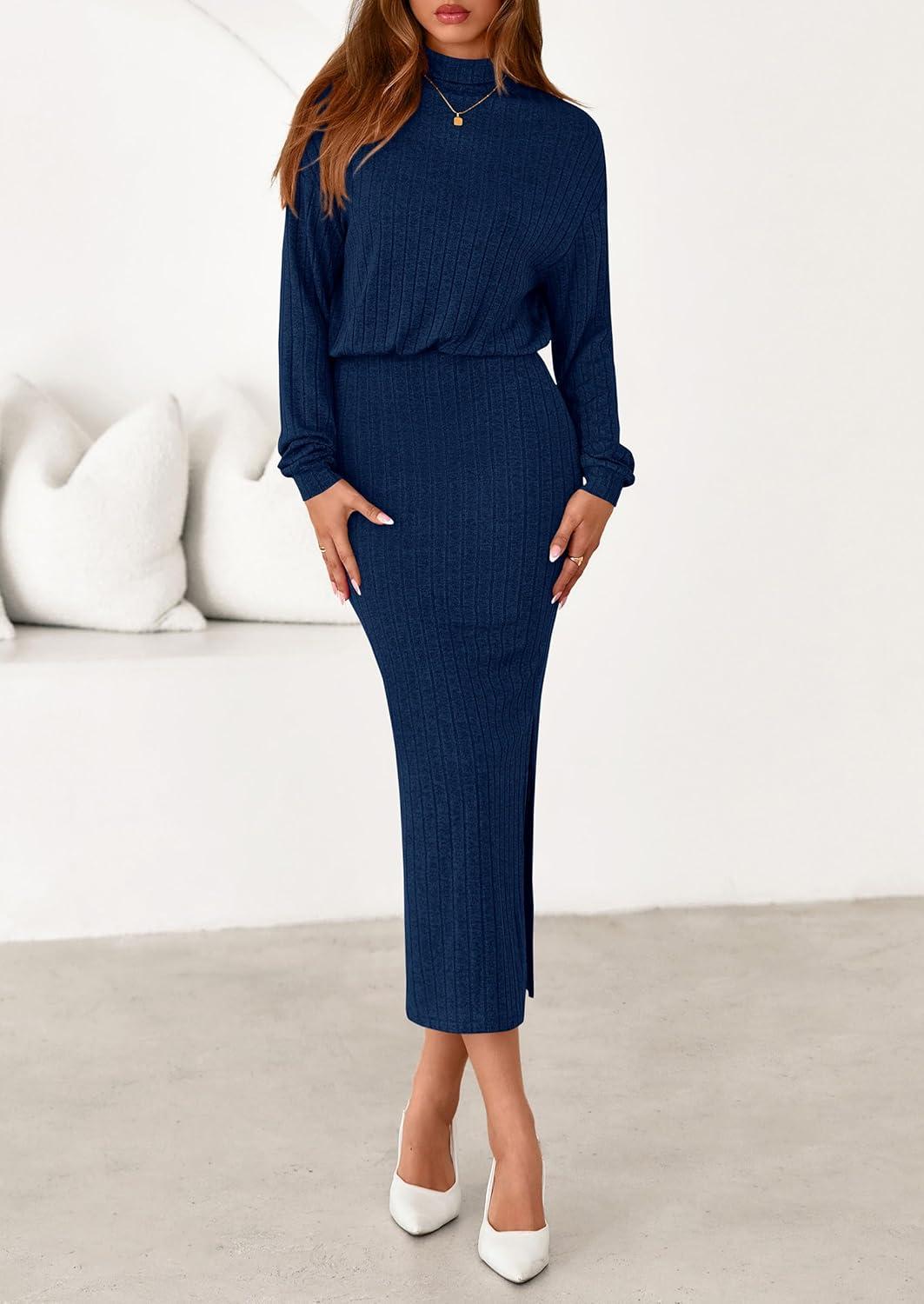 imagePRETTYGARDEN Turtle Neck Dresses for Women 2025 Fall Knit Outfits Slit Elastic Waist Long Sleeve Bodycon Midi Sweater DressNavy