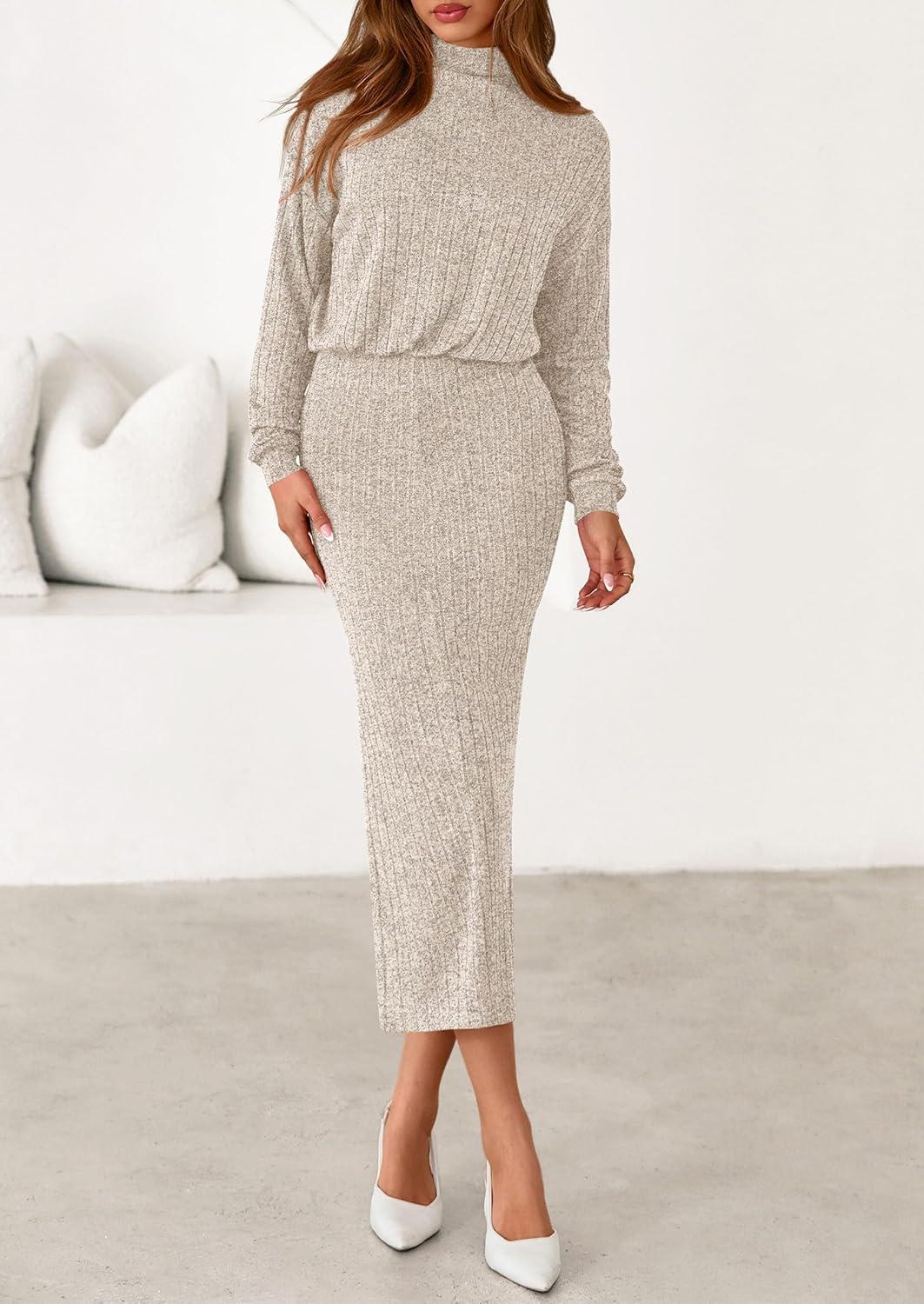 imagePRETTYGARDEN Turtle Neck Dresses for Women 2025 Fall Knit Outfits Slit Elastic Waist Long Sleeve Bodycon Midi Sweater DressOatmeal