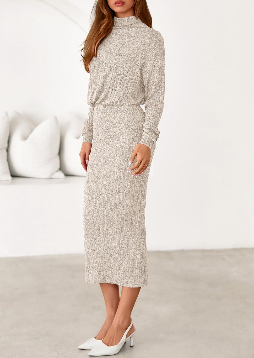 imagePRETTYGARDEN Turtle Neck Dresses for Women 2025 Fall Knit Outfits Slit Elastic Waist Long Sleeve Bodycon Midi Sweater DressOatmeal