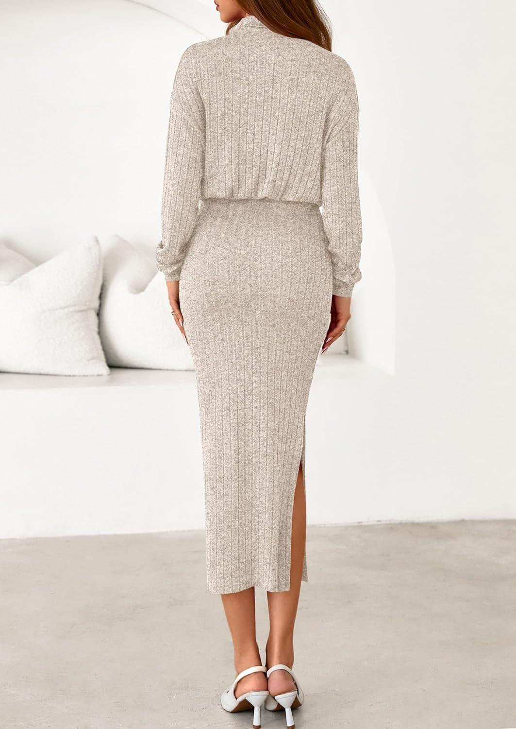 imagePRETTYGARDEN Turtle Neck Dresses for Women 2025 Fall Knit Outfits Slit Elastic Waist Long Sleeve Bodycon Midi Sweater DressOatmeal
