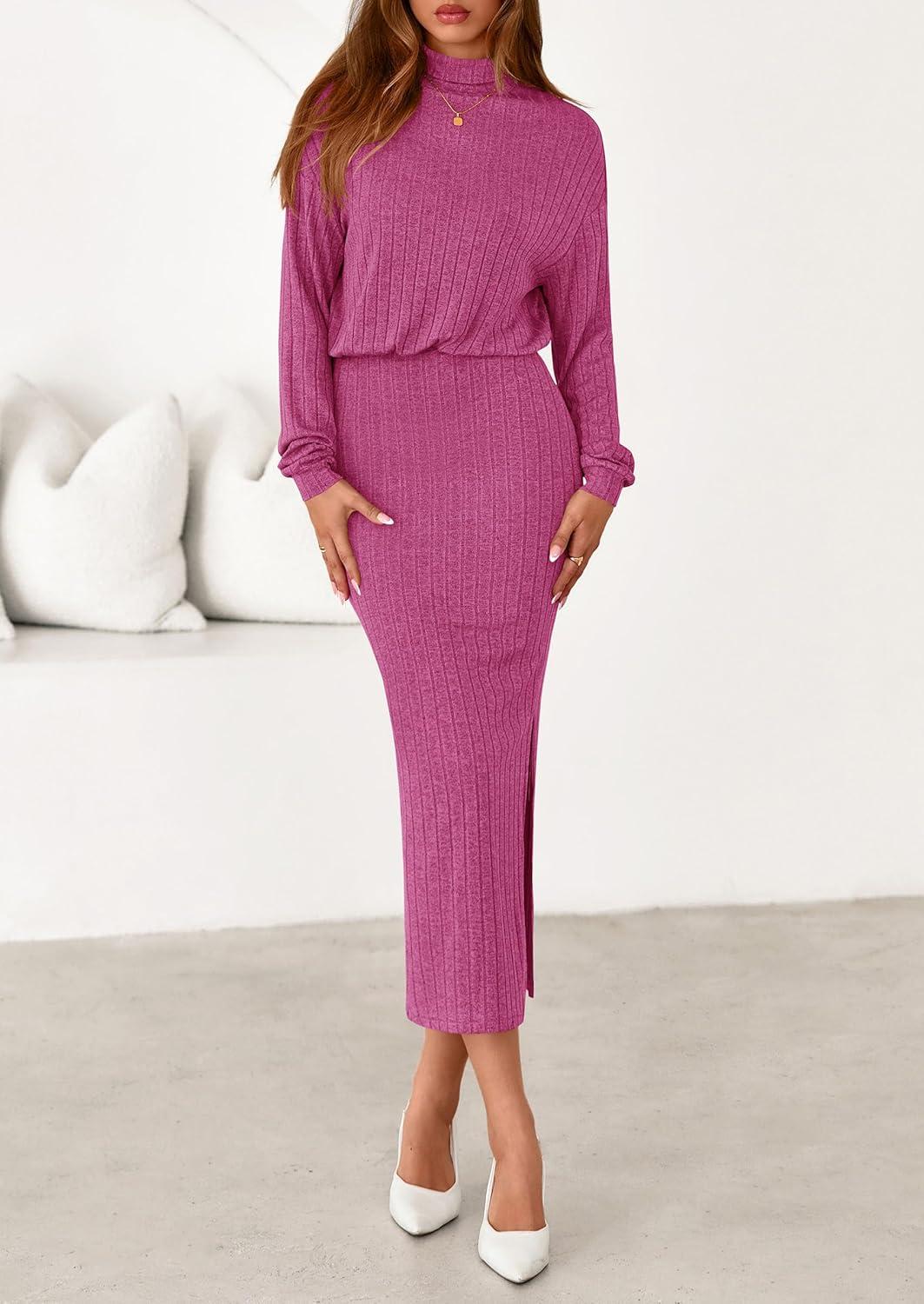 imagePRETTYGARDEN Turtle Neck Dresses for Women 2025 Fall Knit Outfits Slit Elastic Waist Long Sleeve Bodycon Midi Sweater DressRose Pink