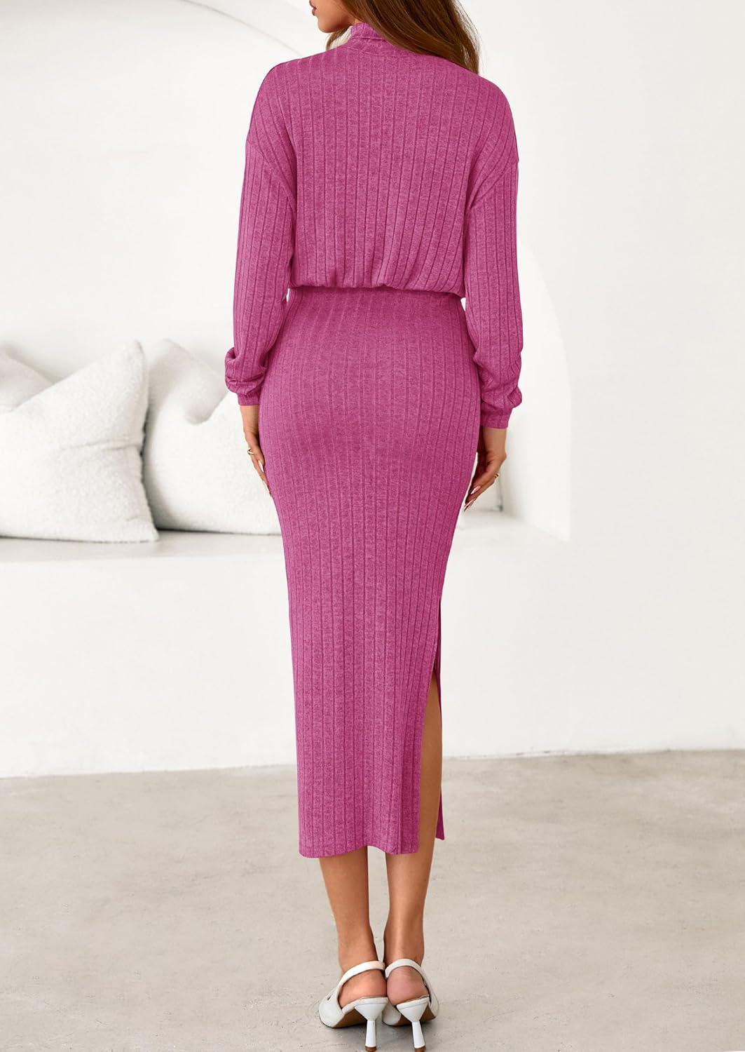 imagePRETTYGARDEN Turtle Neck Dresses for Women 2025 Fall Knit Outfits Slit Elastic Waist Long Sleeve Bodycon Midi Sweater DressRose Pink
