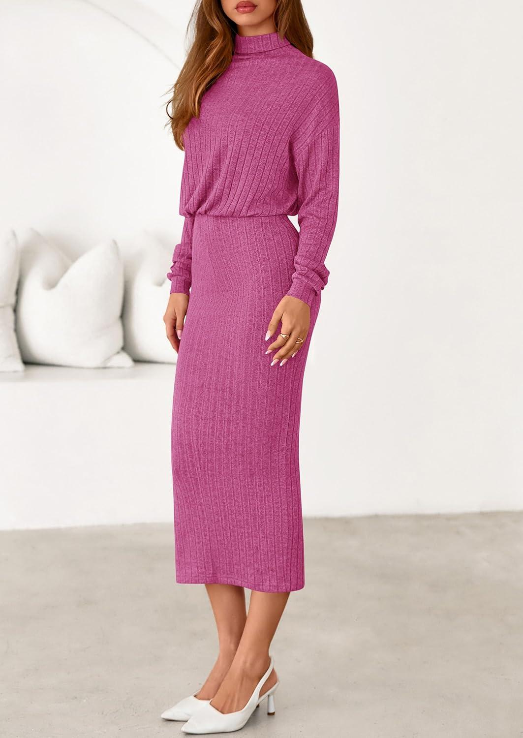 imagePRETTYGARDEN Turtle Neck Dresses for Women 2025 Fall Knit Outfits Slit Elastic Waist Long Sleeve Bodycon Midi Sweater DressRose Pink