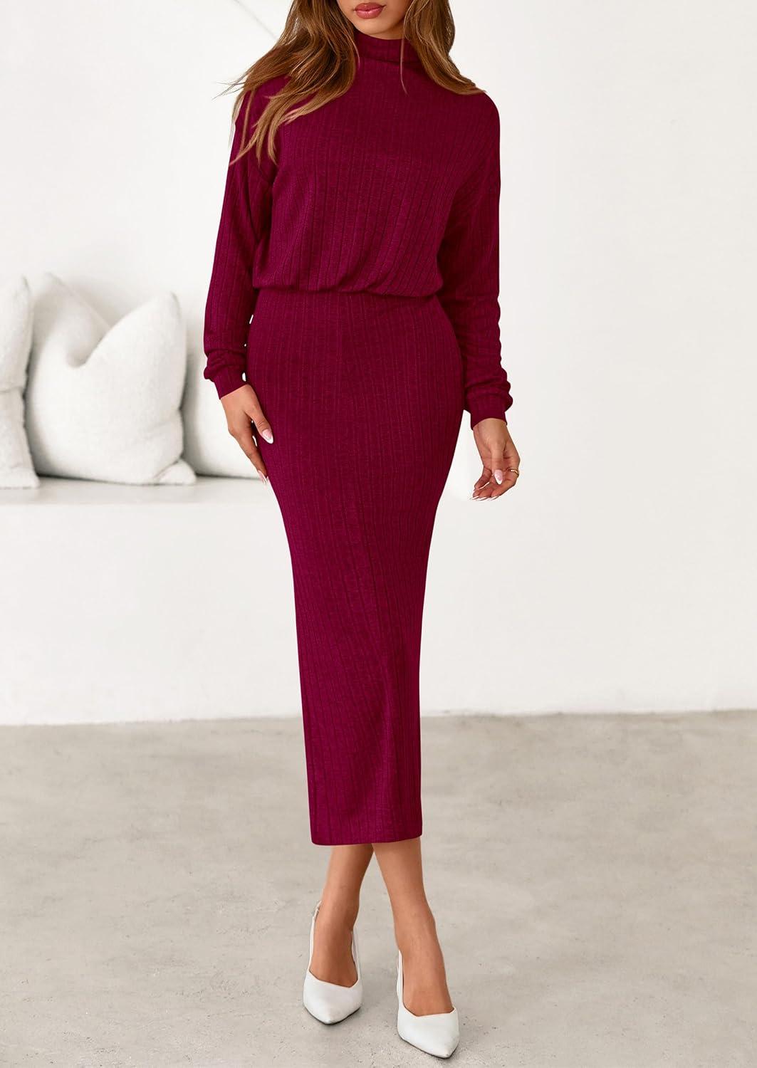imagePRETTYGARDEN Turtle Neck Dresses for Women 2025 Fall Knit Outfits Slit Elastic Waist Long Sleeve Bodycon Midi Sweater DressWine Red