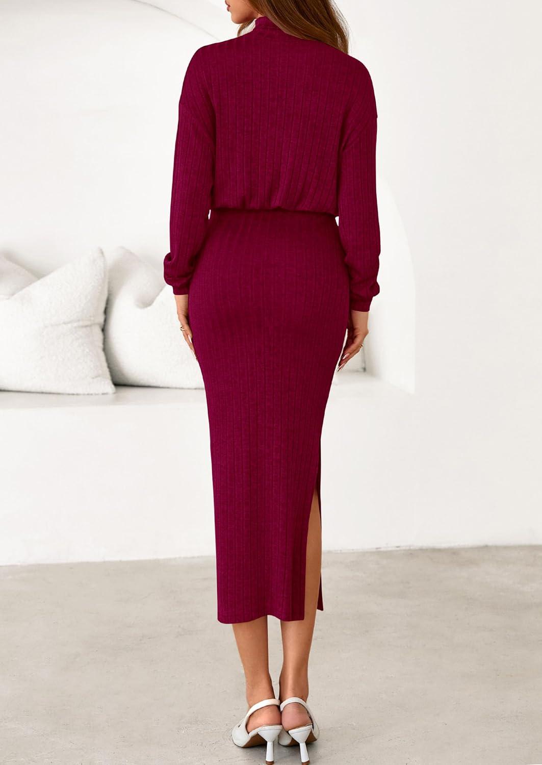 imagePRETTYGARDEN Turtle Neck Dresses for Women 2025 Fall Knit Outfits Slit Elastic Waist Long Sleeve Bodycon Midi Sweater DressWine Red