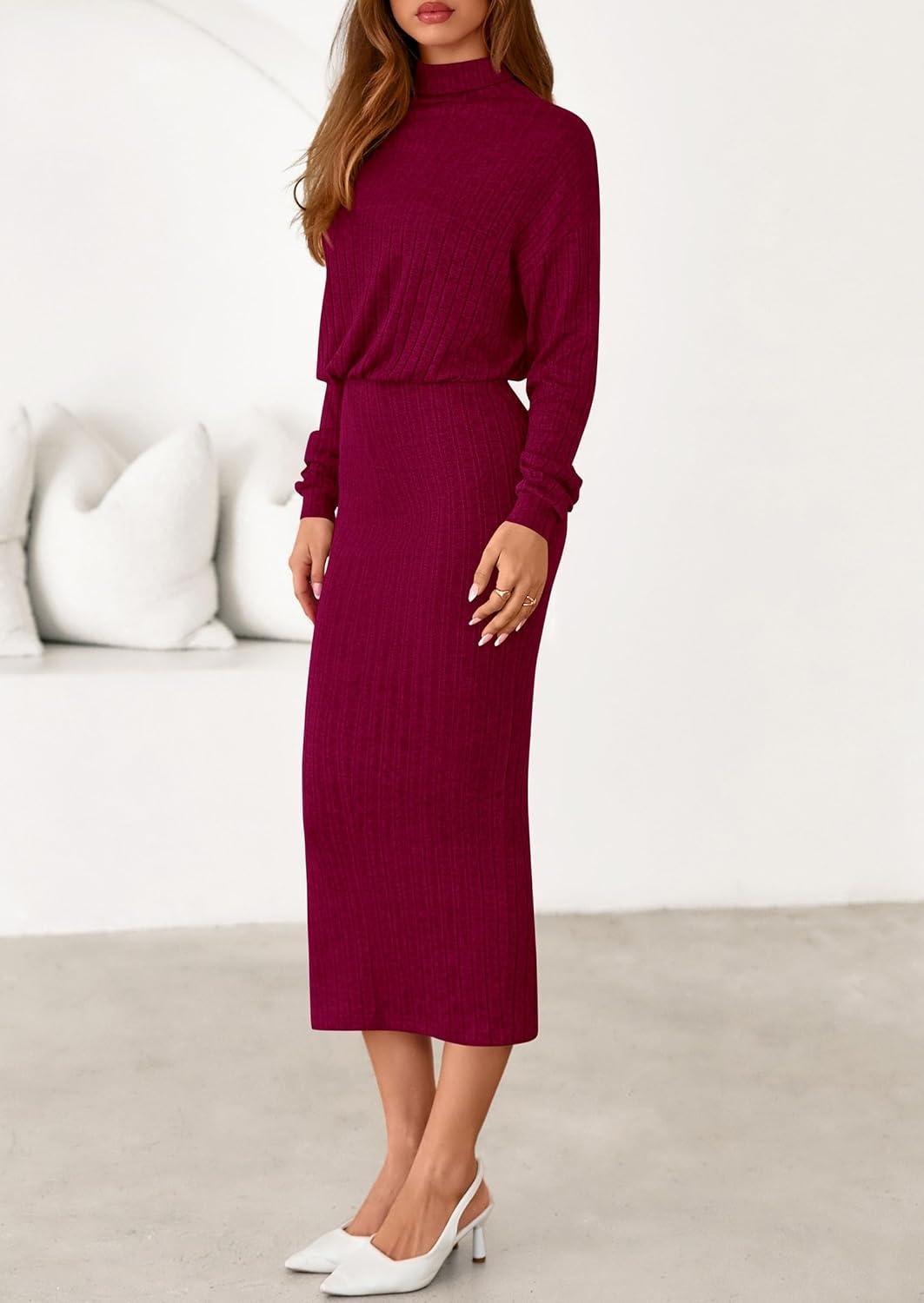 imagePRETTYGARDEN Turtle Neck Dresses for Women 2025 Fall Knit Outfits Slit Elastic Waist Long Sleeve Bodycon Midi Sweater DressWine Red