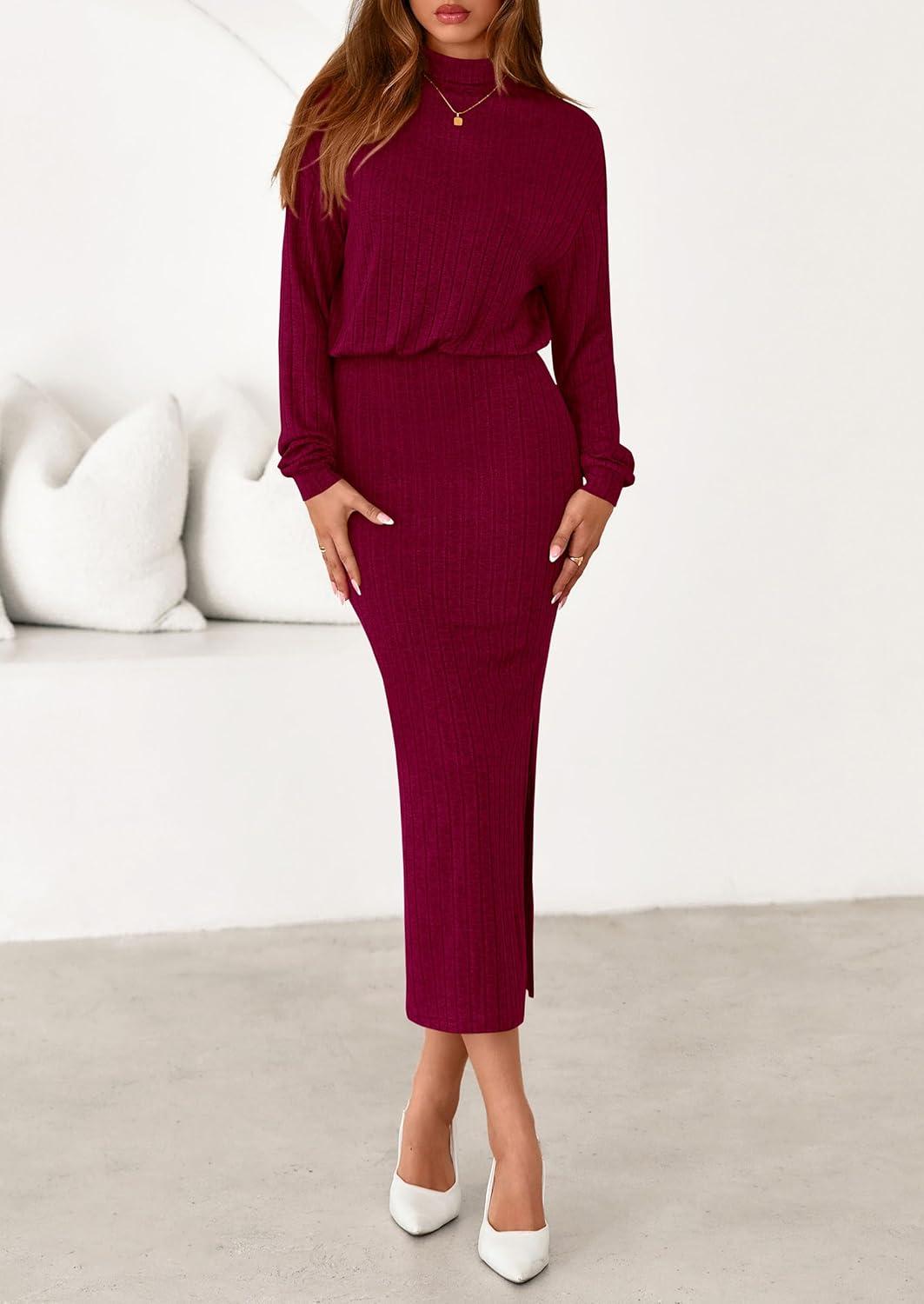 imagePRETTYGARDEN Turtle Neck Dresses for Women 2025 Fall Knit Outfits Slit Elastic Waist Long Sleeve Bodycon Midi Sweater DressWine Red