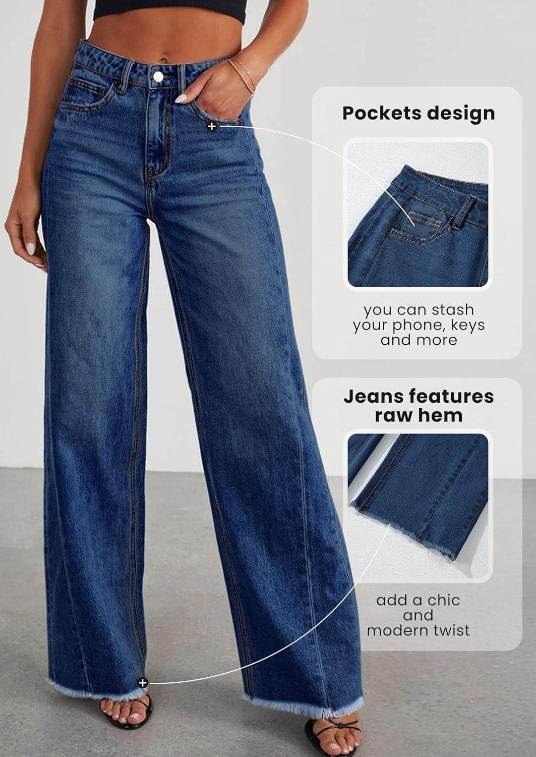 imagePRETTYGARDEN Wide Leg Jeans for Women Trendy 2025 High Waisted Stretchy Baggy Raw Hem Denim Palazzo Pants with PocketsBluing