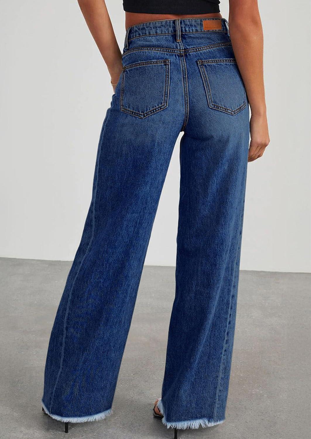 imagePRETTYGARDEN Wide Leg Jeans for Women Trendy 2025 High Waisted Stretchy Baggy Raw Hem Denim Palazzo Pants with PocketsBluing