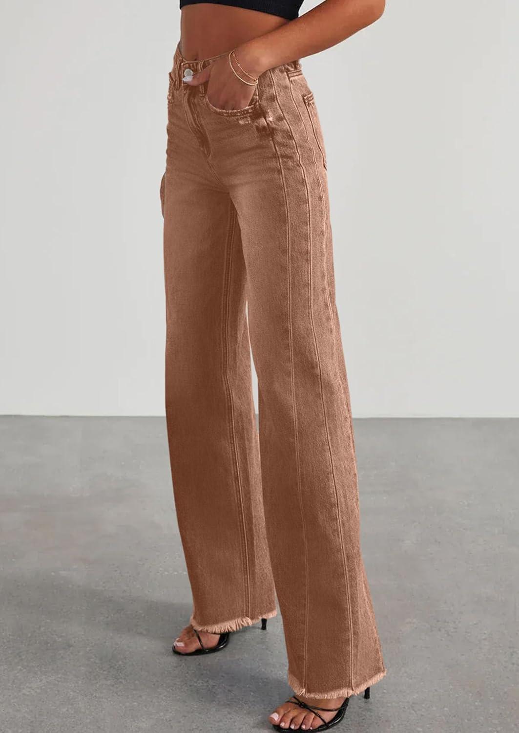 imagePRETTYGARDEN Wide Leg Jeans for Women Trendy 2025 High Waisted Stretchy Baggy Raw Hem Denim Palazzo Pants with PocketsBrown