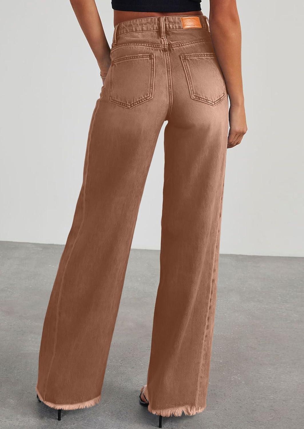 imagePRETTYGARDEN Wide Leg Jeans for Women Trendy 2025 High Waisted Stretchy Baggy Raw Hem Denim Palazzo Pants with PocketsBrown