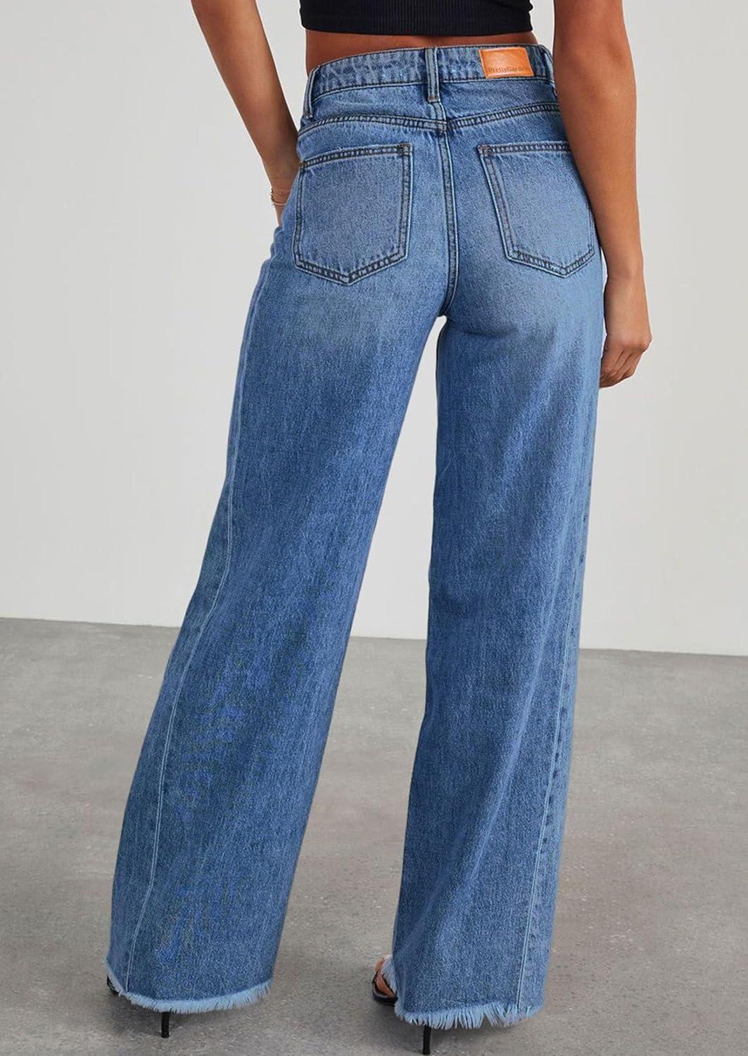 imagePRETTYGARDEN Wide Leg Jeans for Women Trendy 2025 High Waisted Stretchy Baggy Raw Hem Denim Palazzo Pants with PocketsDark Blue