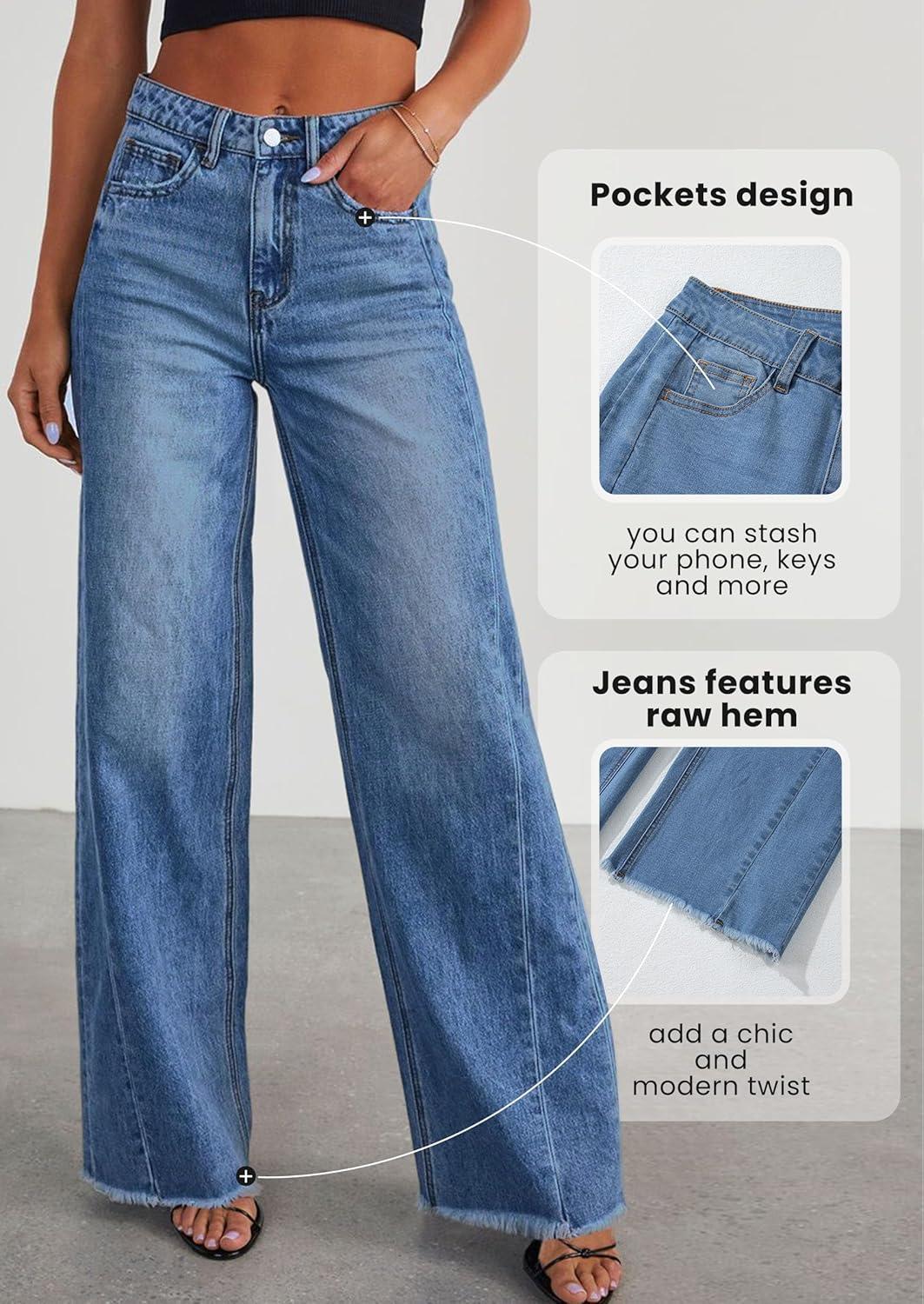 imagePRETTYGARDEN Wide Leg Jeans for Women Trendy 2025 High Waisted Stretchy Baggy Raw Hem Denim Palazzo Pants with PocketsDark Blue