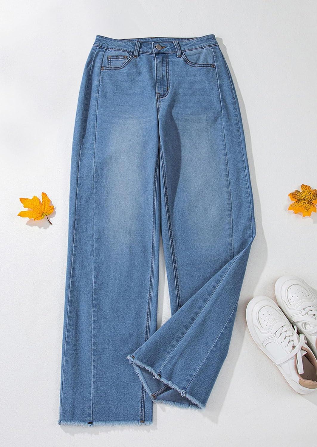 imagePRETTYGARDEN Wide Leg Jeans for Women Trendy 2025 High Waisted Stretchy Baggy Raw Hem Denim Palazzo Pants with PocketsDark Blue