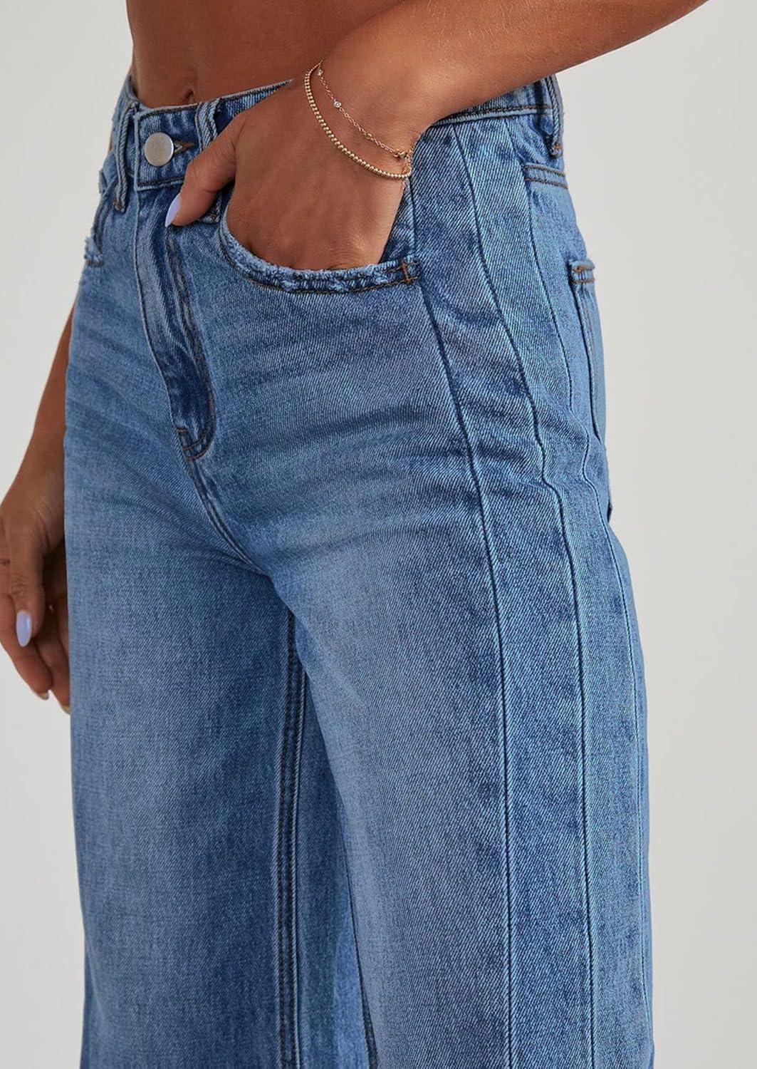 imagePRETTYGARDEN Wide Leg Jeans for Women Trendy 2025 High Waisted Stretchy Baggy Raw Hem Denim Palazzo Pants with PocketsDark Blue