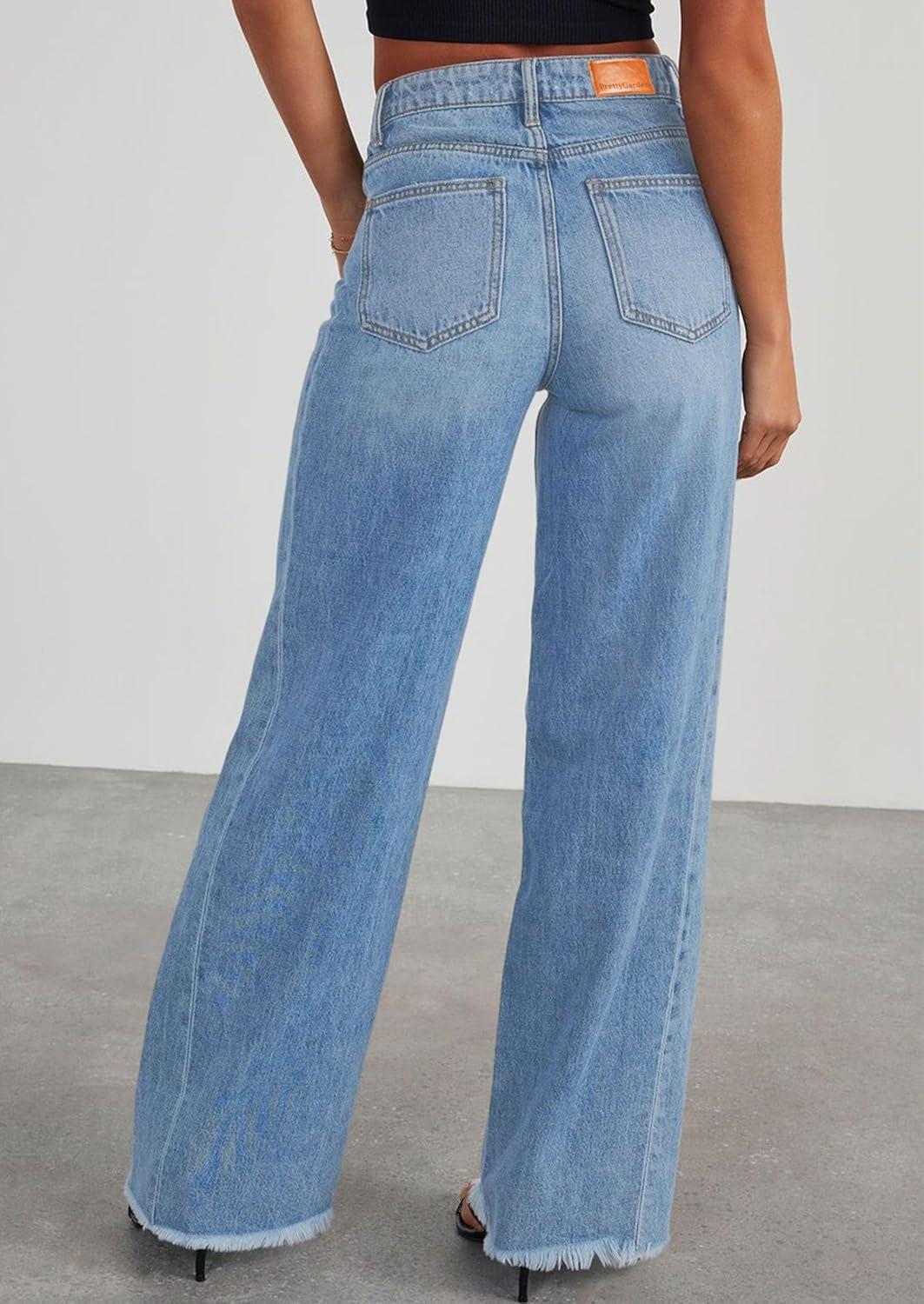 imagePRETTYGARDEN Wide Leg Jeans for Women Trendy 2025 High Waisted Stretchy Baggy Raw Hem Denim Palazzo Pants with PocketsLight Blue