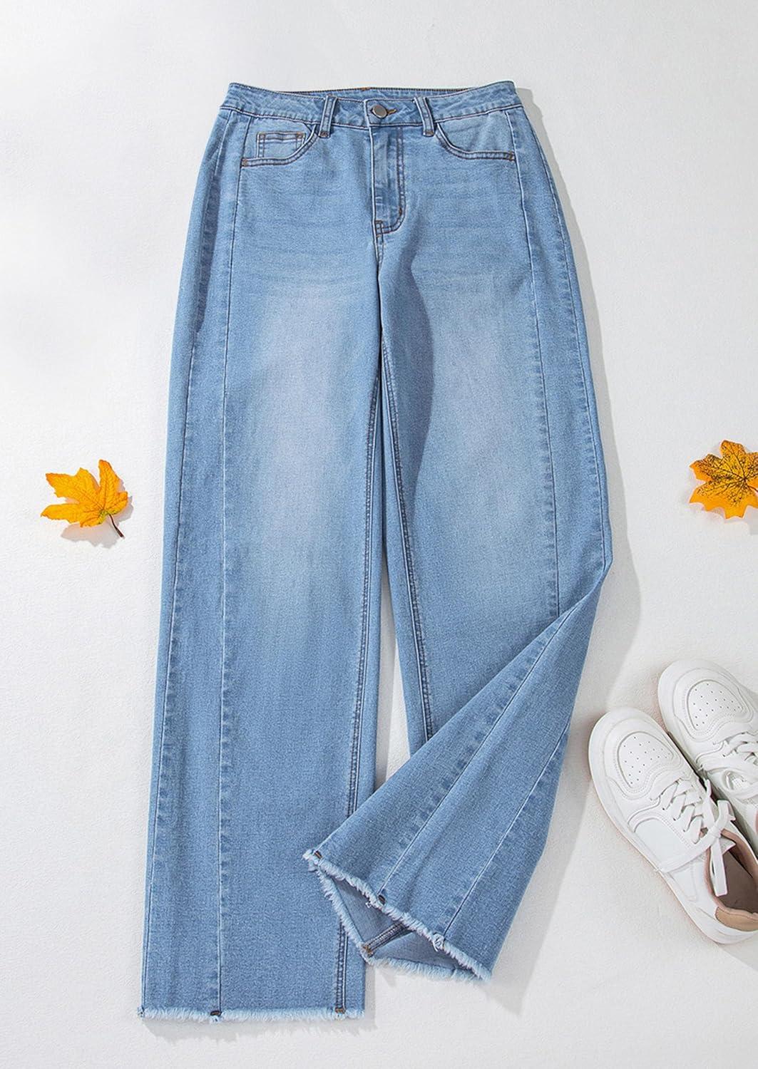 imagePRETTYGARDEN Wide Leg Jeans for Women Trendy 2025 High Waisted Stretchy Baggy Raw Hem Denim Palazzo Pants with PocketsLight Blue