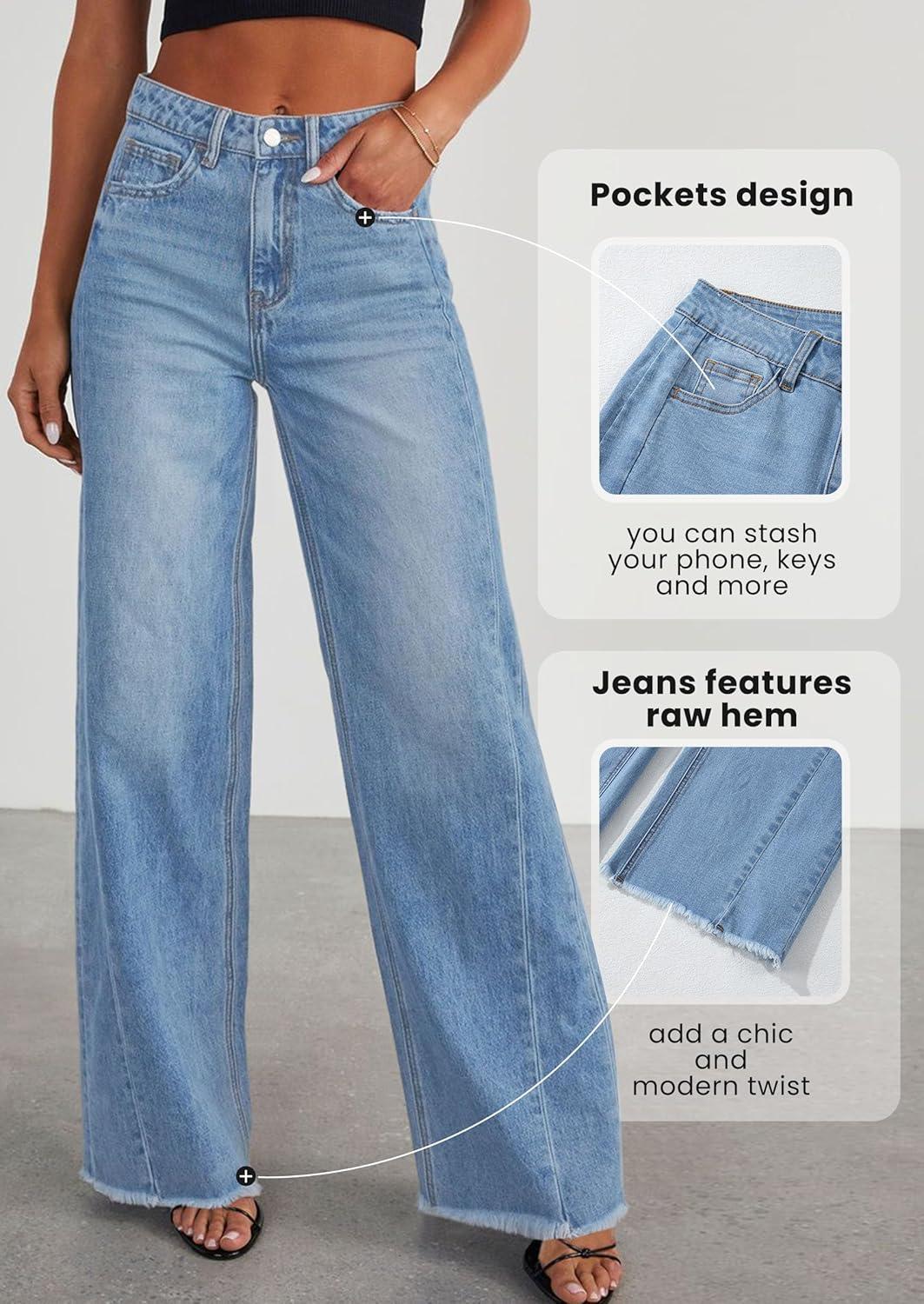 imagePRETTYGARDEN Wide Leg Jeans for Women Trendy 2025 High Waisted Stretchy Baggy Raw Hem Denim Palazzo Pants with PocketsLight Blue