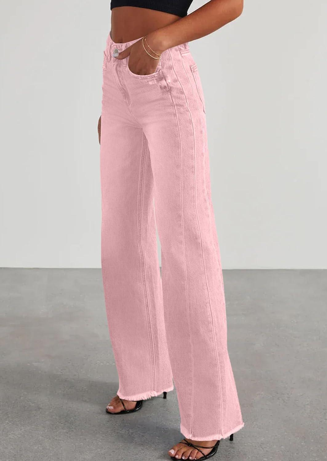 imagePRETTYGARDEN Wide Leg Jeans for Women Trendy 2025 High Waisted Stretchy Baggy Raw Hem Denim Palazzo Pants with PocketsPink