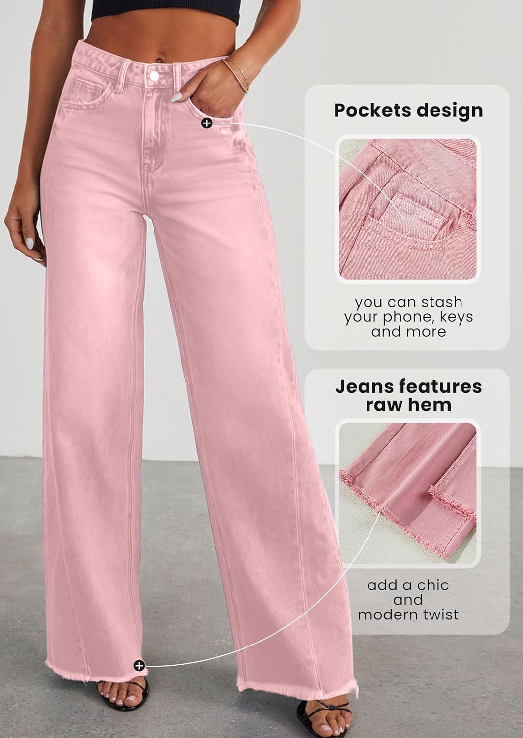 imagePRETTYGARDEN Wide Leg Jeans for Women Trendy 2025 High Waisted Stretchy Baggy Raw Hem Denim Palazzo Pants with PocketsPink