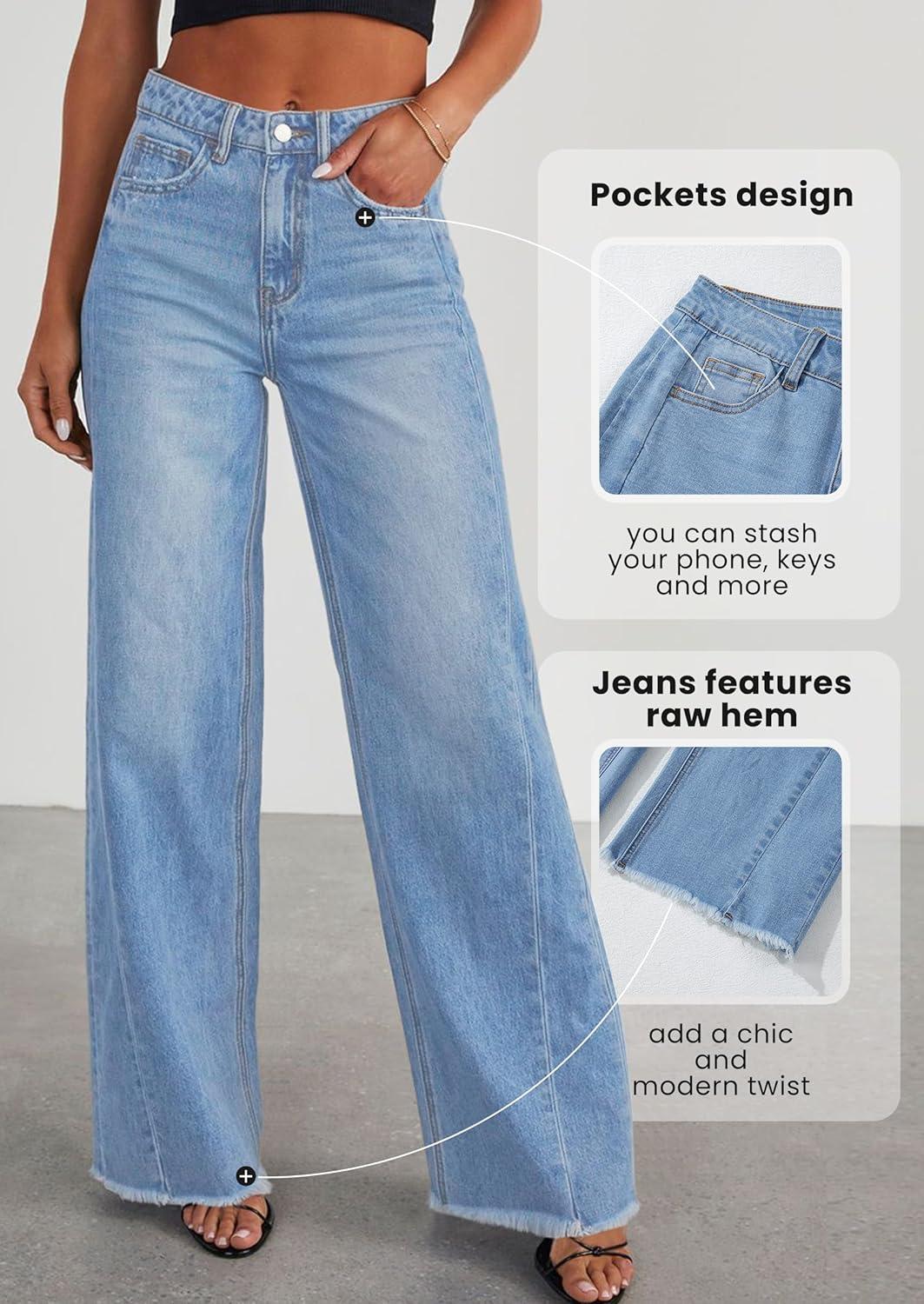 imagePRETTYGARDEN Wide Leg Jeans for Women Trendy 2025 High Waisted Stretchy Baggy Raw Hem Denim Palazzo Pants with PocketsSky Blue
