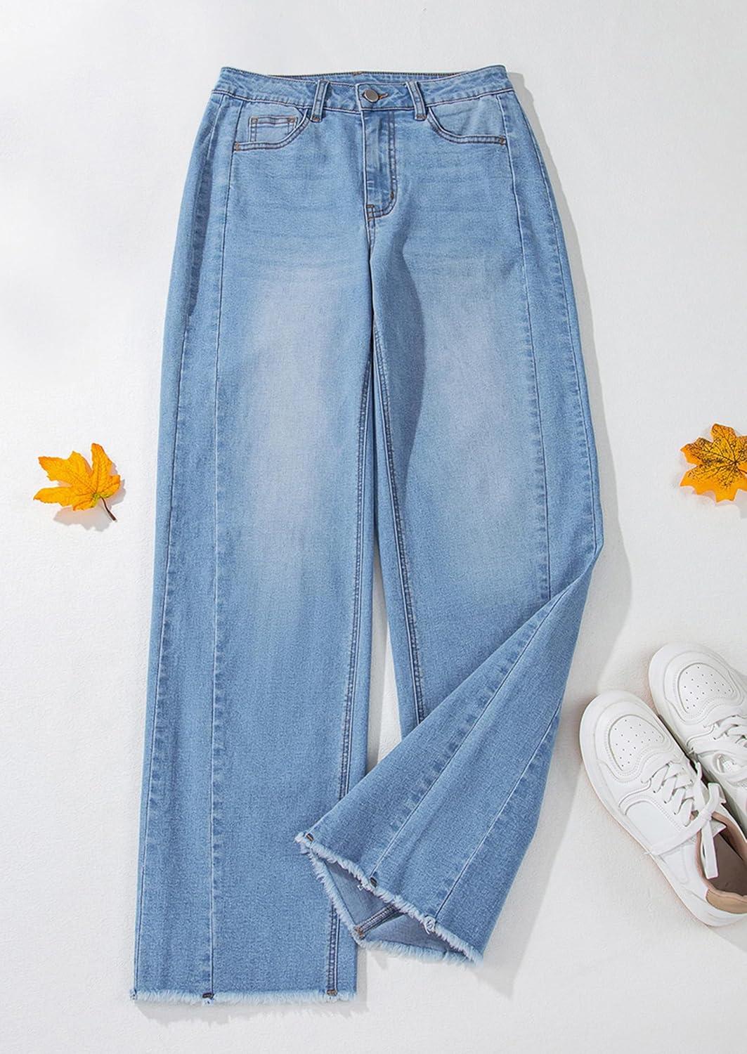 imagePRETTYGARDEN Wide Leg Jeans for Women Trendy 2025 High Waisted Stretchy Baggy Raw Hem Denim Palazzo Pants with PocketsSky Blue