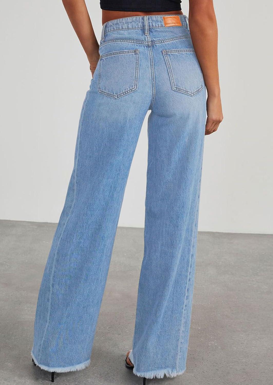 imagePRETTYGARDEN Wide Leg Jeans for Women Trendy 2025 High Waisted Stretchy Baggy Raw Hem Denim Palazzo Pants with PocketsSky Blue