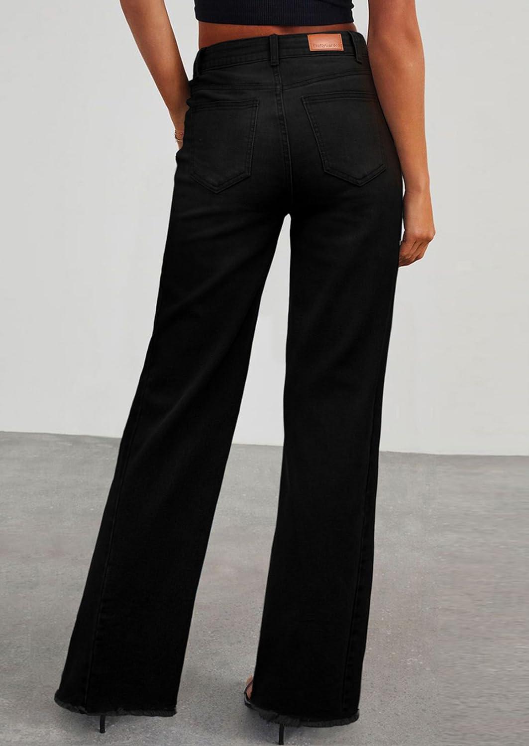imagePRETTYGARDEN Wide Leg Jeans for Women Trendy 2025 High Waisted Stretchy Baggy Raw Hem Denim Palazzo Pants with PocketsSolid Black