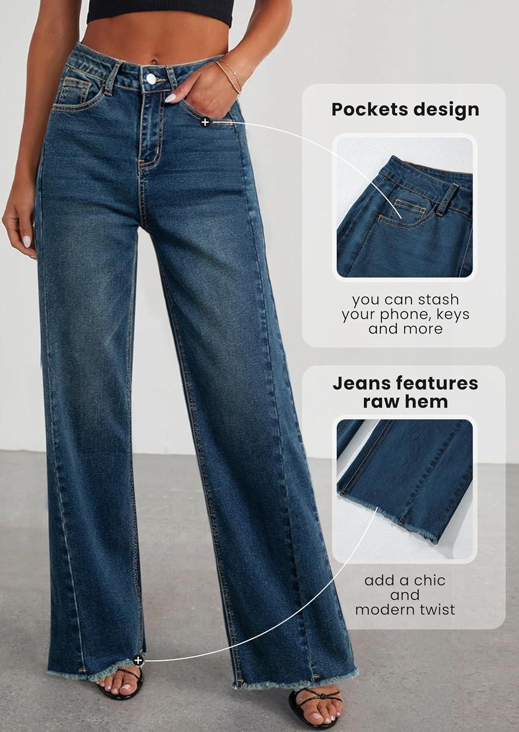 imagePRETTYGARDEN Wide Leg Jeans for Women Trendy 2025 High Waisted Stretchy Baggy Raw Hem Denim Palazzo Pants with PocketsVintage Blue