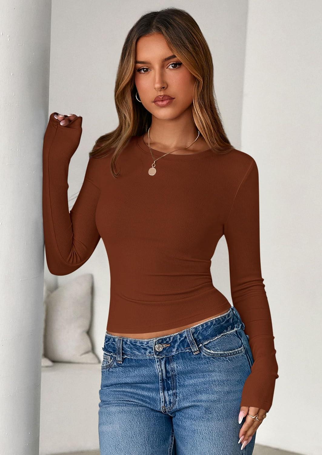 imagePRETTYGARDEN Women 2025 Fall Clothes Long Sleeve Shirts Ribbed Knit Fitted Basic Tee Going Out Tops Underscrub Casual OutfitsCaramel