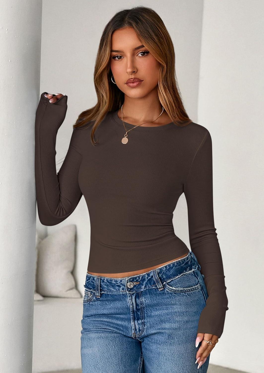 imagePRETTYGARDEN Women 2025 Fall Clothes Long Sleeve Shirts Ribbed Knit Fitted Basic Tee Going Out Tops Underscrub Casual OutfitsDark Brown