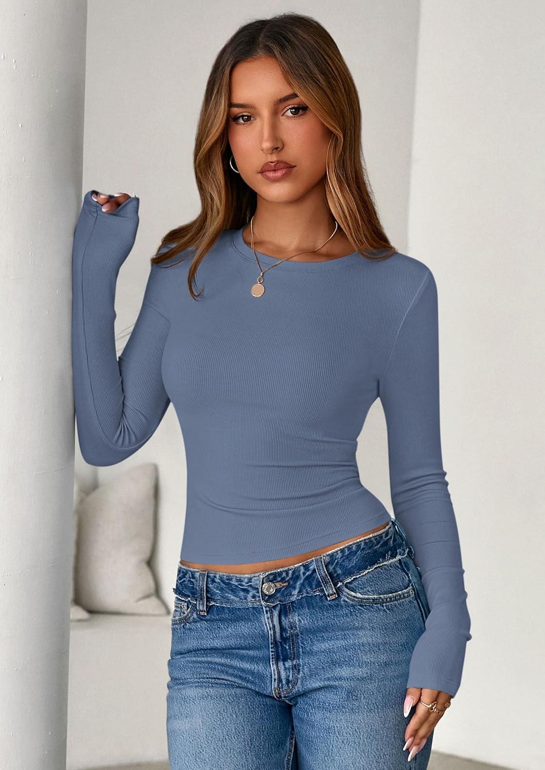 imagePRETTYGARDEN Women 2025 Fall Clothes Long Sleeve Shirts Ribbed Knit Fitted Basic Tee Going Out Tops Underscrub Casual OutfitsLight Dusty Blue
