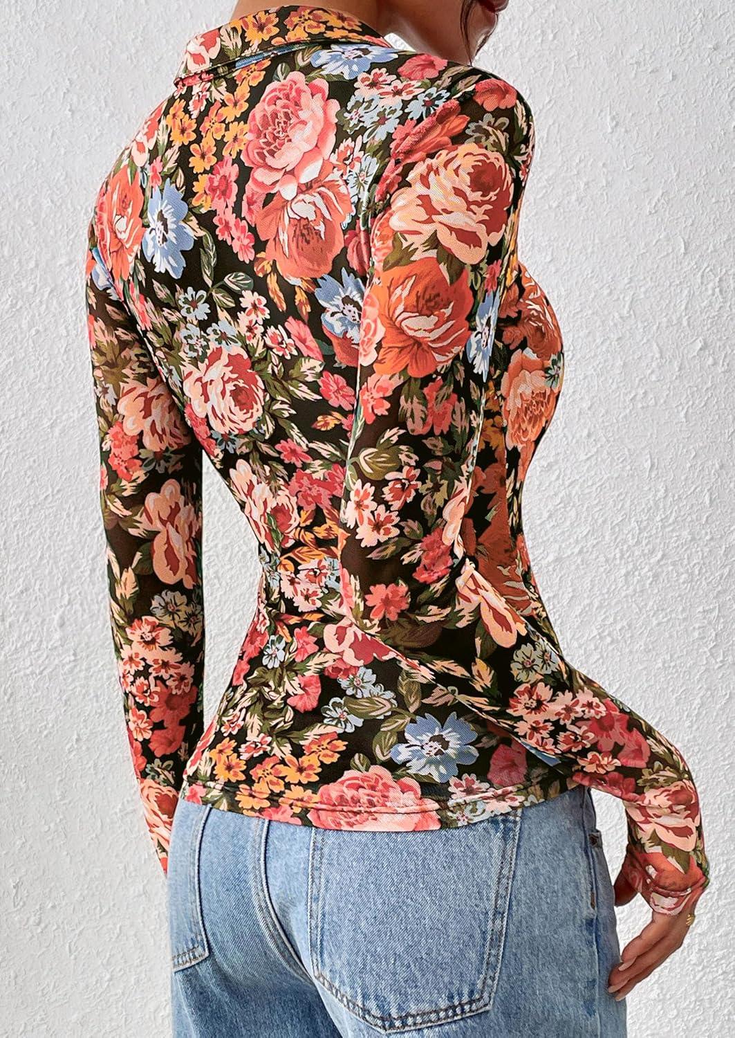 imagePRETTYGARDEN Women Button Down Floral Shirts 2025 Fall Trendy Long Sleeve V Neck Ruched Fitted Mesh Blouse Tops Date OutfitsBlack Floral