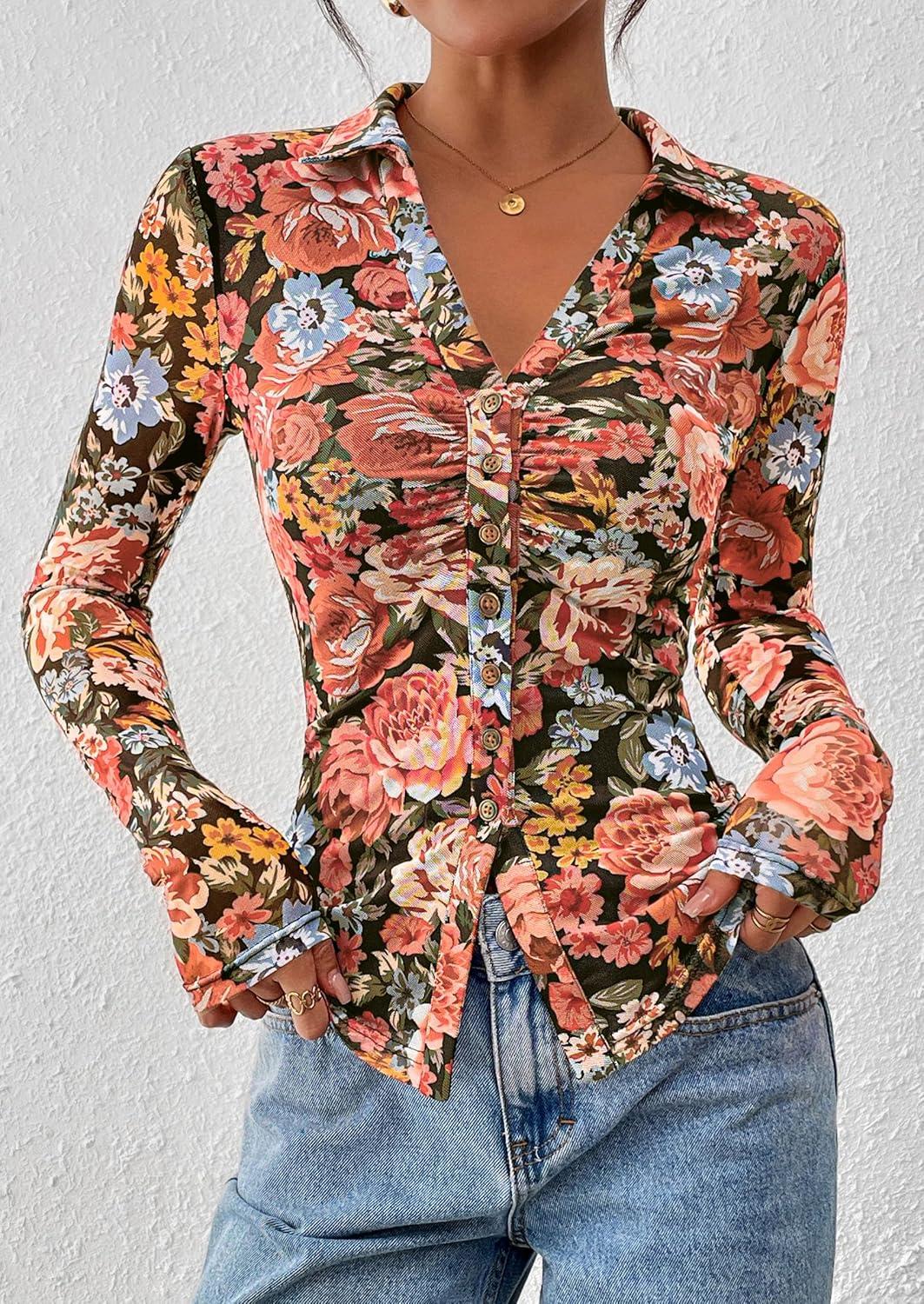 imagePRETTYGARDEN Women Button Down Floral Shirts 2025 Fall Trendy Long Sleeve V Neck Ruched Fitted Mesh Blouse Tops Date OutfitsBlack Floral