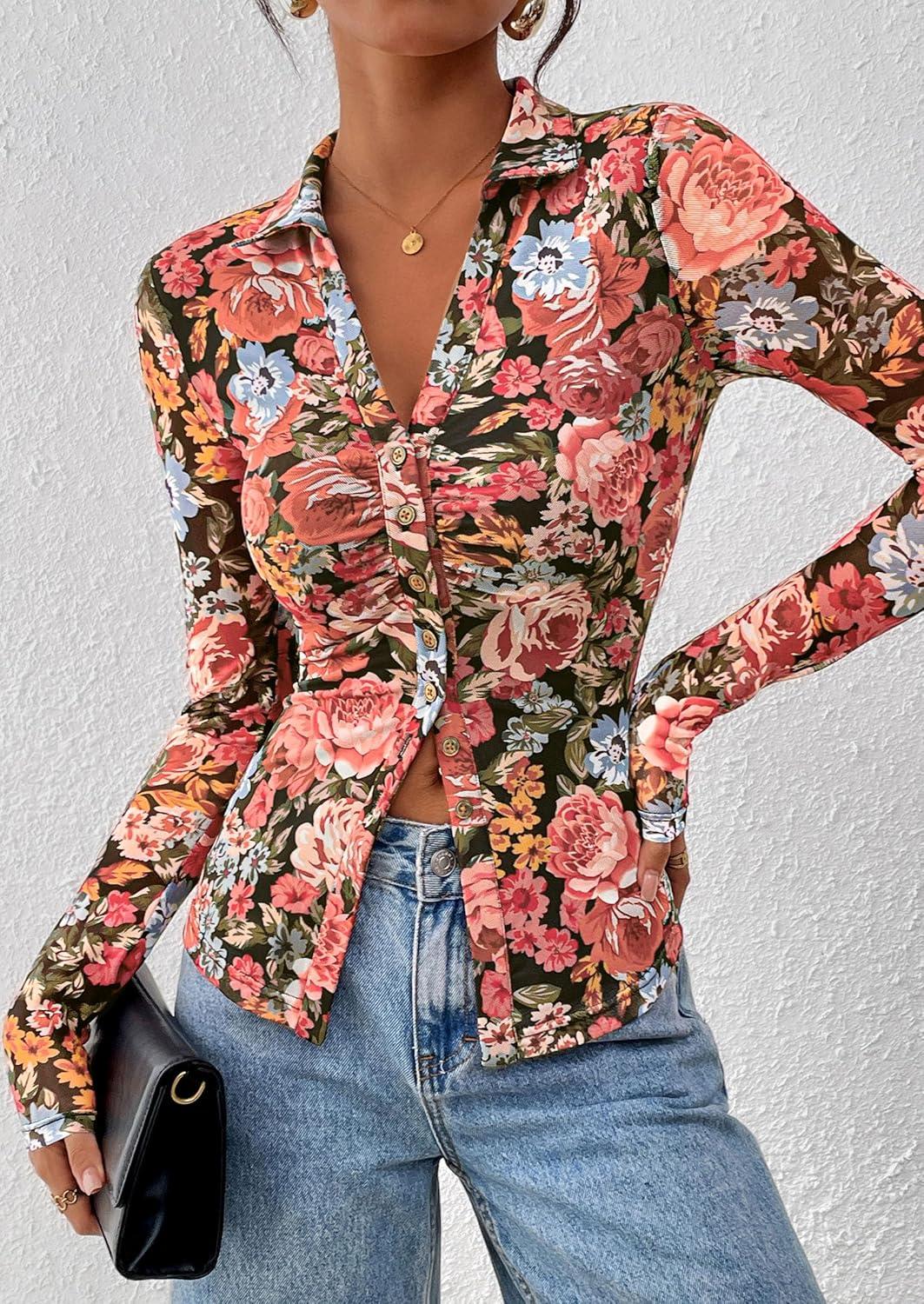 imagePRETTYGARDEN Women Button Down Floral Shirts 2025 Fall Trendy Long Sleeve V Neck Ruched Fitted Mesh Blouse Tops Date OutfitsBlack Floral