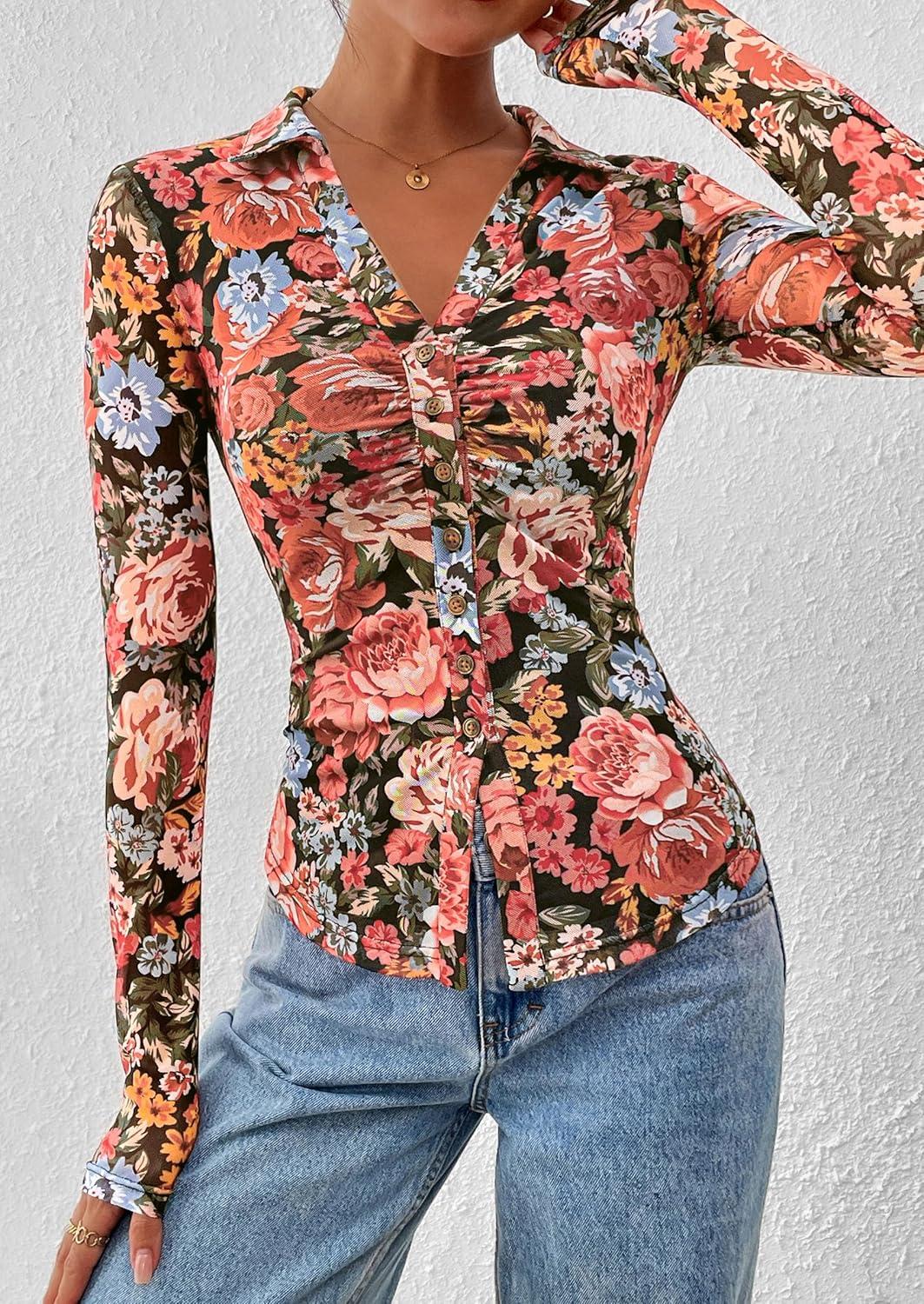 imagePRETTYGARDEN Women Button Down Floral Shirts 2025 Fall Trendy Long Sleeve V Neck Ruched Fitted Mesh Blouse Tops Date OutfitsBlack Floral