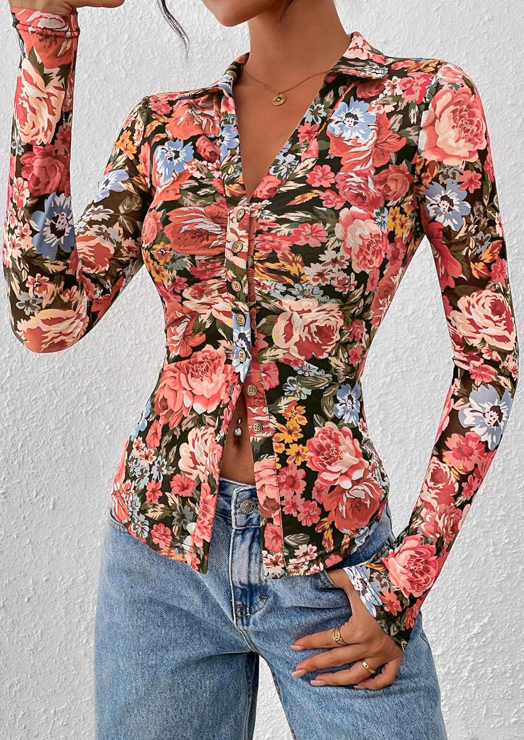 imagePRETTYGARDEN Women Button Down Floral Shirts 2025 Fall Trendy Long Sleeve V Neck Ruched Fitted Mesh Blouse Tops Date OutfitsBlack Floral