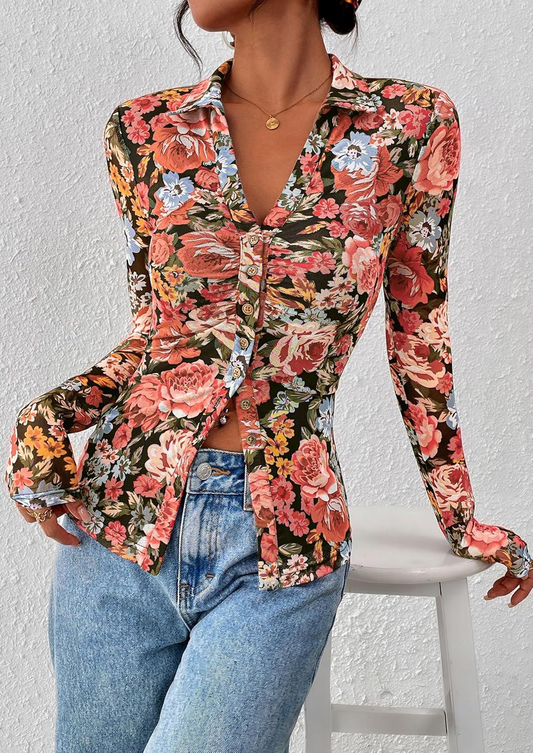imagePRETTYGARDEN Women Button Down Floral Shirts 2025 Fall Trendy Long Sleeve V Neck Ruched Fitted Mesh Blouse Tops Date OutfitsBlack Floral