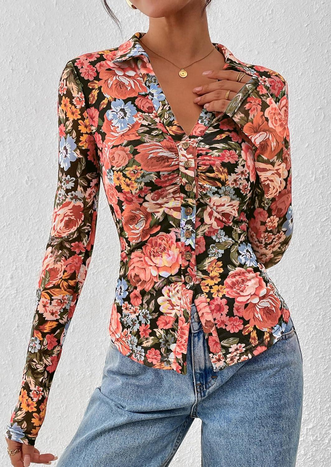 imagePRETTYGARDEN Women Button Down Floral Shirts 2025 Fall Trendy Long Sleeve V Neck Ruched Fitted Mesh Blouse Tops Date OutfitsBlack Floral
