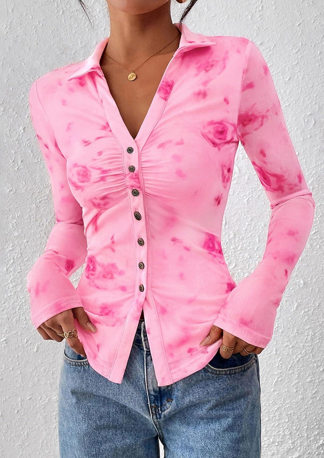 imagePRETTYGARDEN Women Button Down Floral Shirts 2025 Fall Trendy Long Sleeve V Neck Ruched Fitted Mesh Blouse Tops Date OutfitsPink