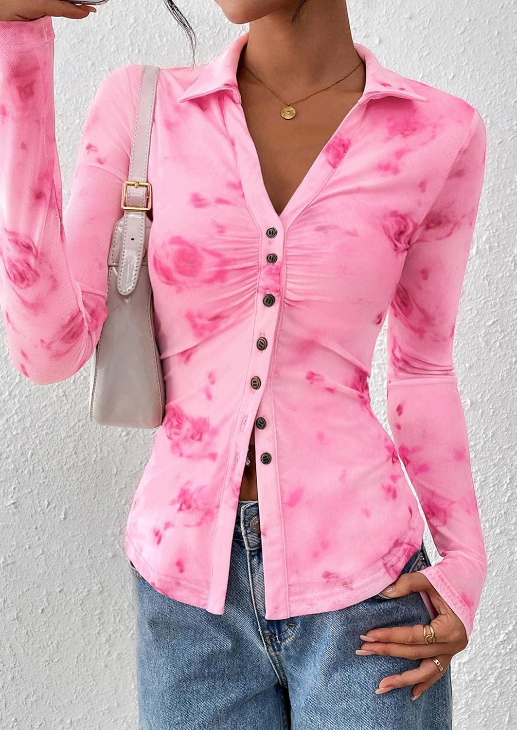 imagePRETTYGARDEN Women Button Down Floral Shirts 2025 Fall Trendy Long Sleeve V Neck Ruched Fitted Mesh Blouse Tops Date OutfitsPink