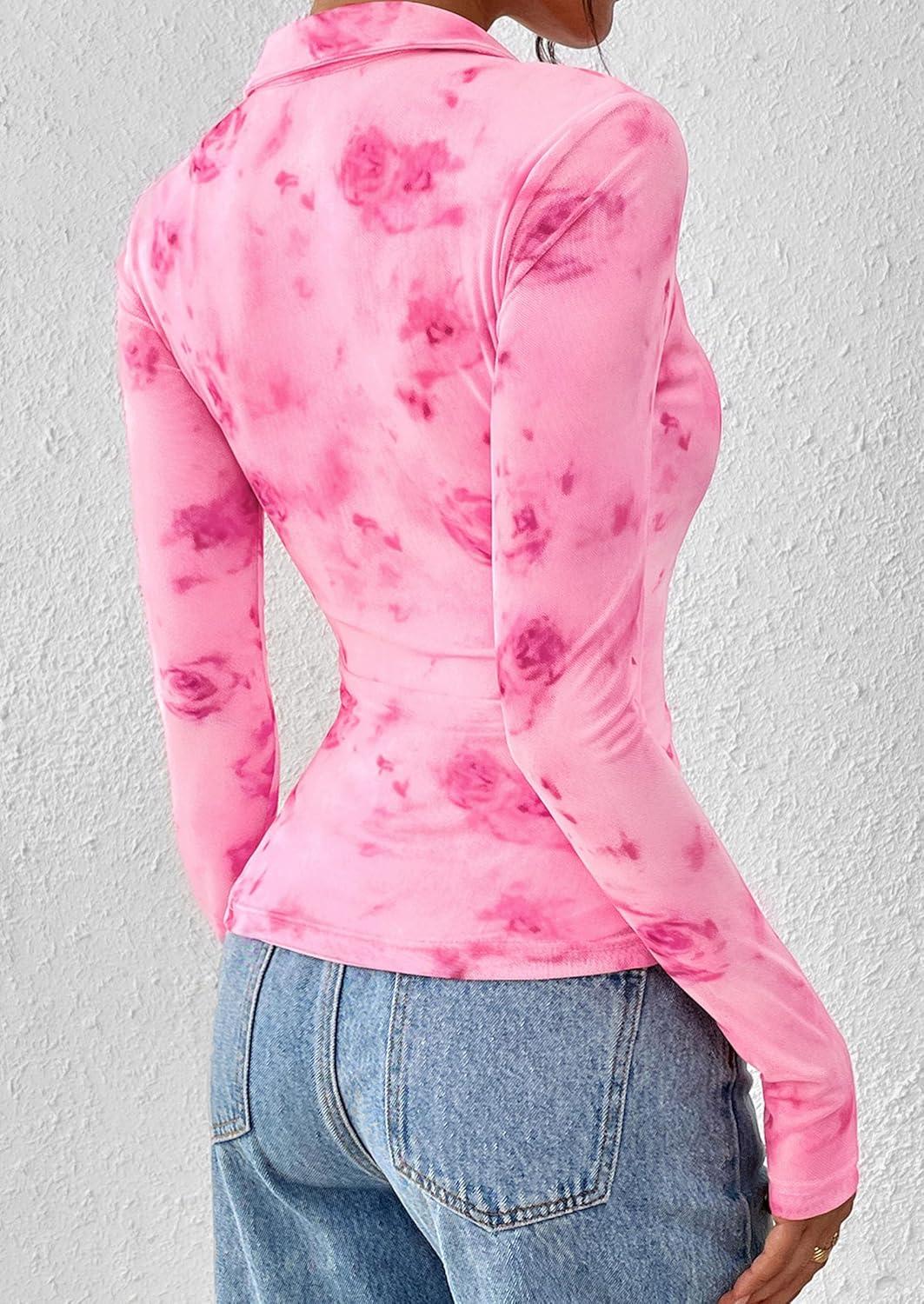 imagePRETTYGARDEN Women Button Down Floral Shirts 2025 Fall Trendy Long Sleeve V Neck Ruched Fitted Mesh Blouse Tops Date OutfitsPink