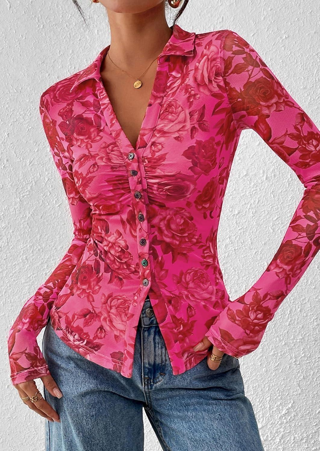 imagePRETTYGARDEN Women Button Down Floral Shirts 2025 Fall Trendy Long Sleeve V Neck Ruched Fitted Mesh Blouse Tops Date OutfitsPink Red Floral