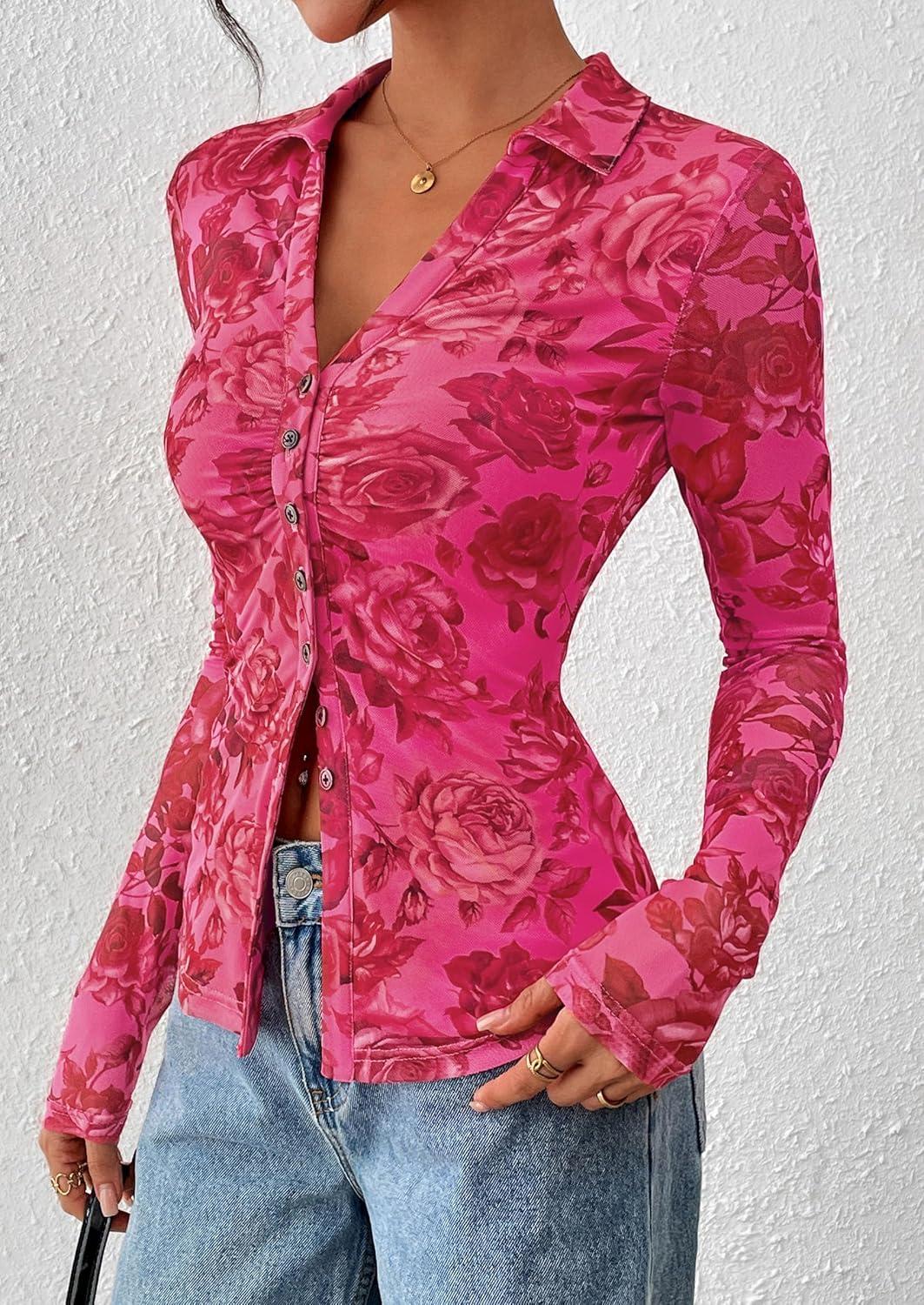 imagePRETTYGARDEN Women Button Down Floral Shirts 2025 Fall Trendy Long Sleeve V Neck Ruched Fitted Mesh Blouse Tops Date OutfitsPink Red Floral