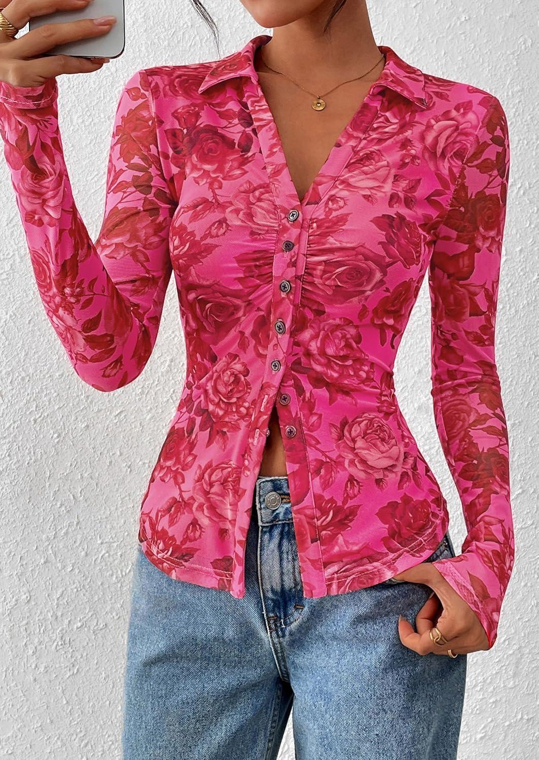 imagePRETTYGARDEN Women Button Down Floral Shirts 2025 Fall Trendy Long Sleeve V Neck Ruched Fitted Mesh Blouse Tops Date OutfitsPink Red Floral