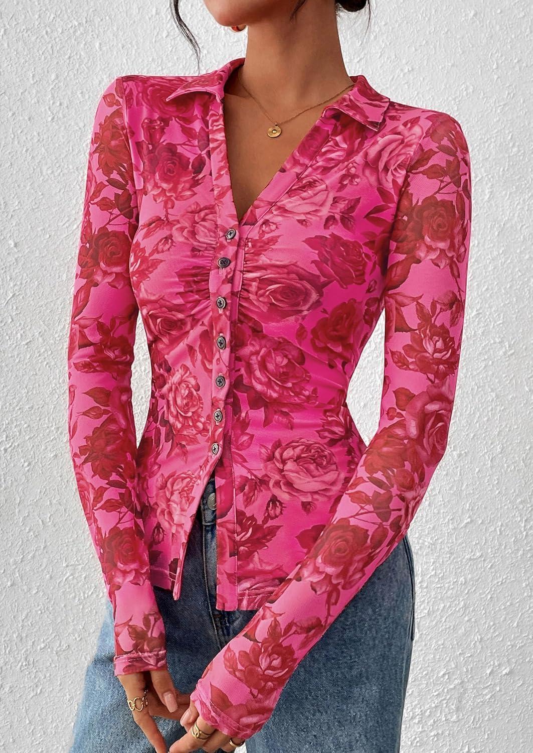 imagePRETTYGARDEN Women Button Down Floral Shirts 2025 Fall Trendy Long Sleeve V Neck Ruched Fitted Mesh Blouse Tops Date OutfitsPink Red Floral