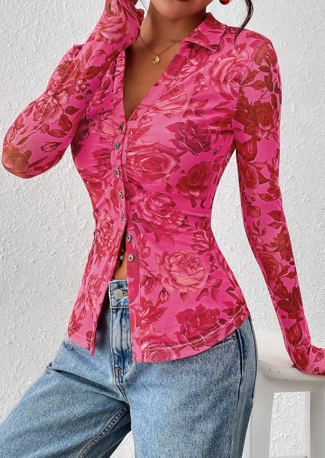 imagePRETTYGARDEN Women Button Down Floral Shirts 2025 Fall Trendy Long Sleeve V Neck Ruched Fitted Mesh Blouse Tops Date OutfitsPink Red Floral